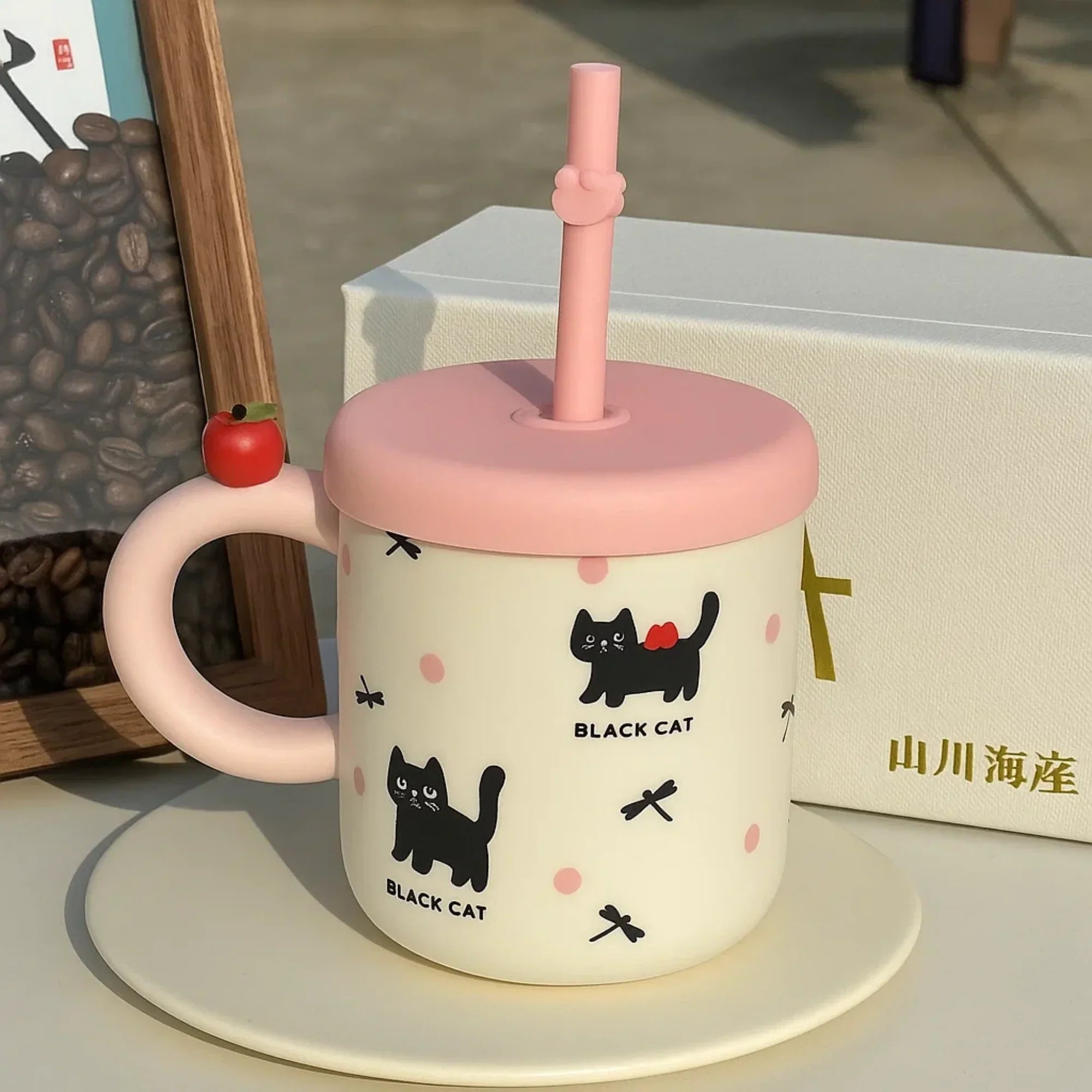 Black Cat and Bow Ceramic Coffee Mug with Straw Pink