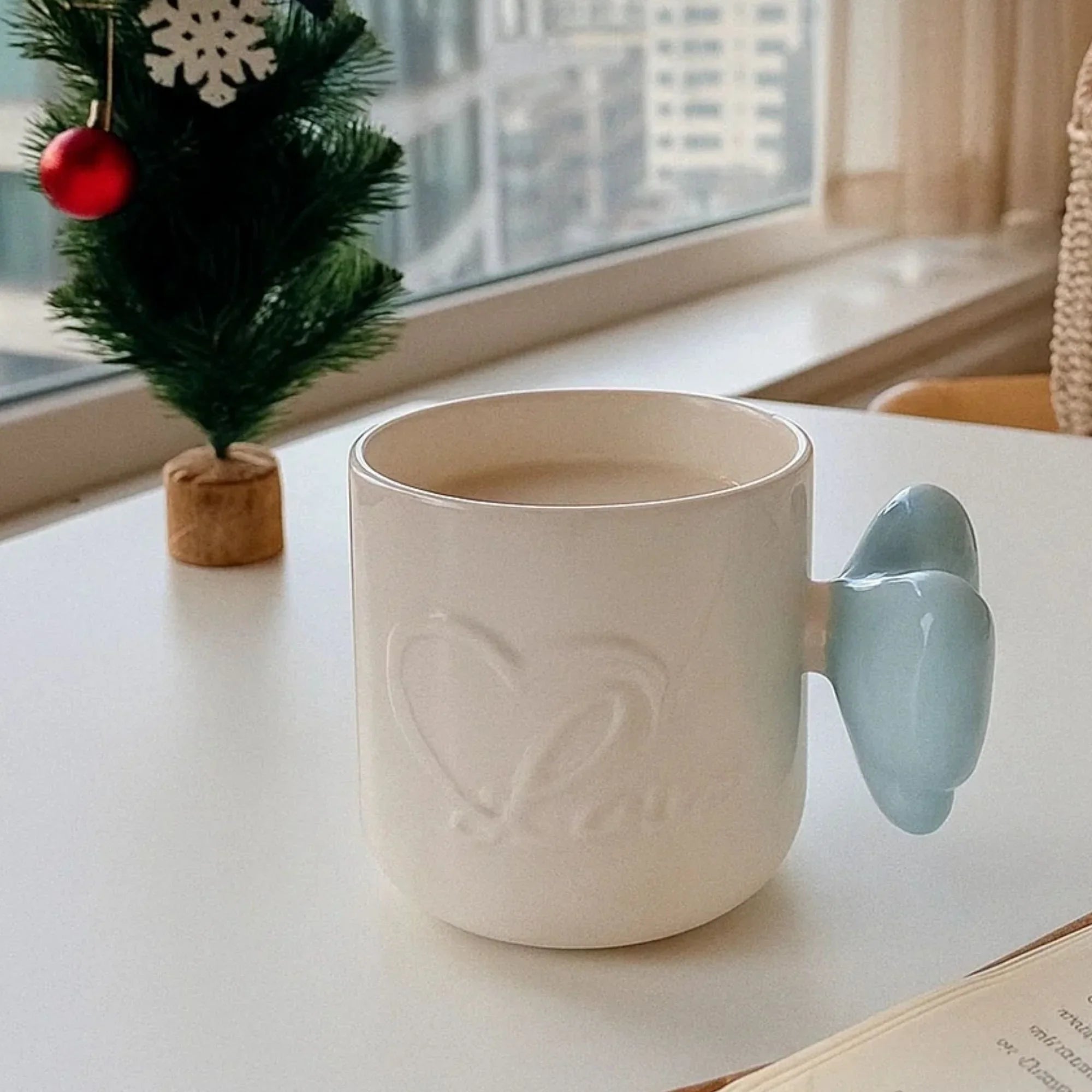Glossy Ceramic Mug with Blue Butterfly Handle