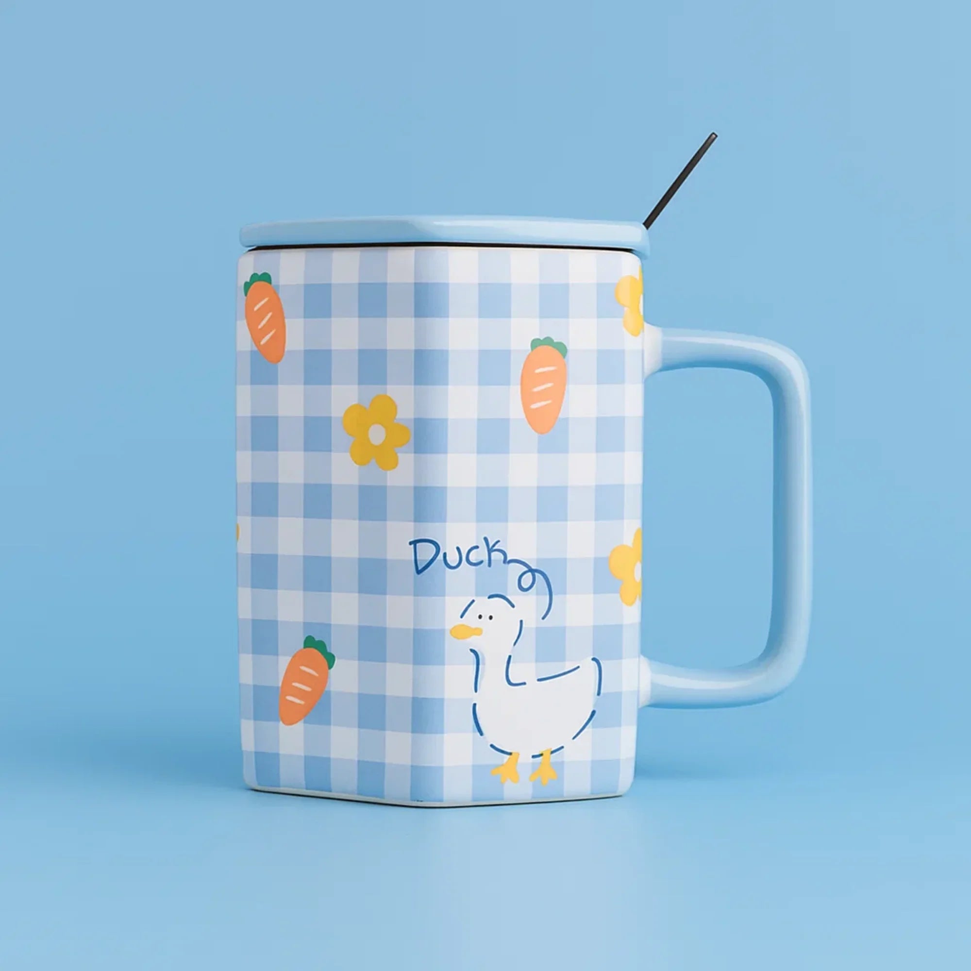Blue Checker Duck Ceramic Mug with Spoon
