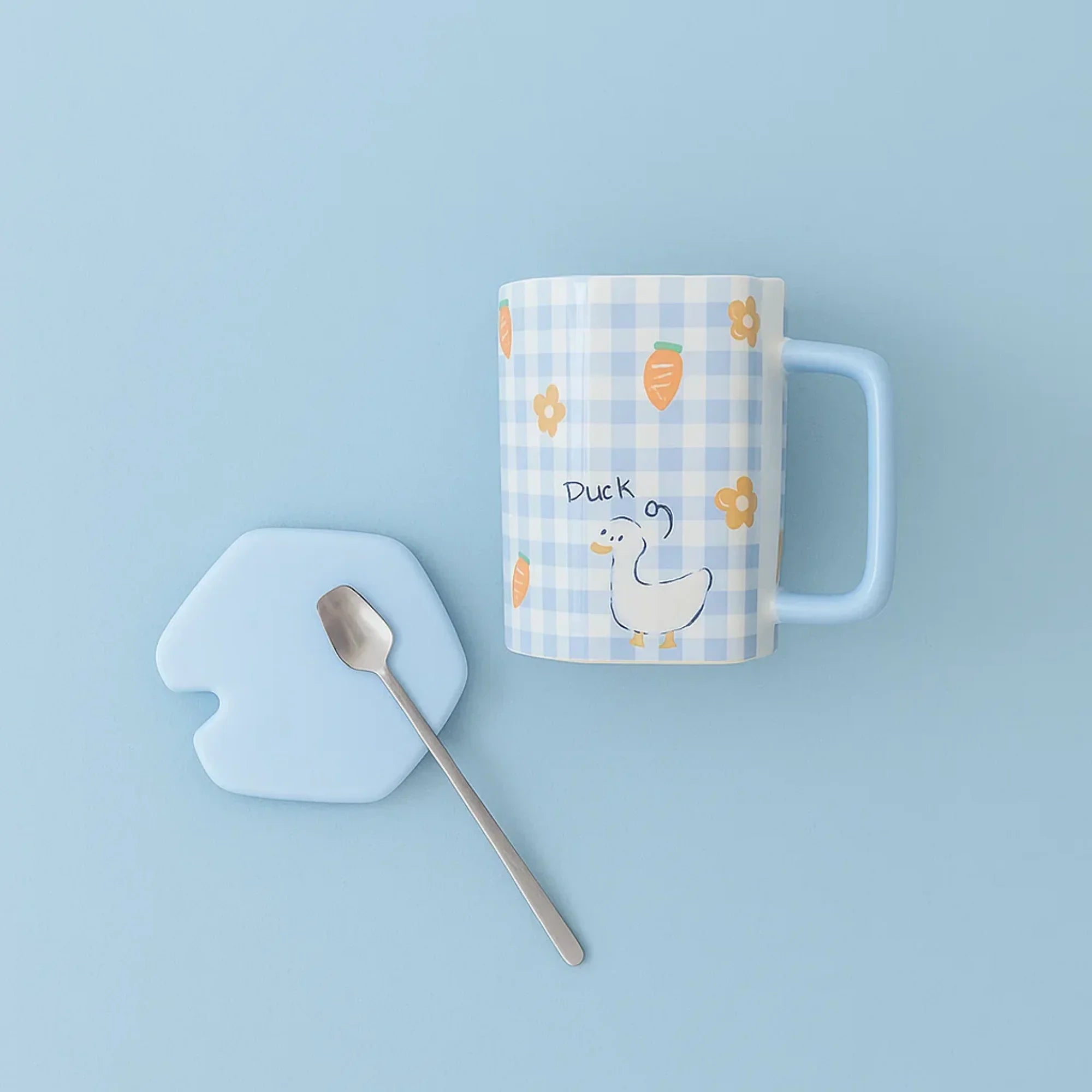 Blue Checker Duck Ceramic Mug with Spoon