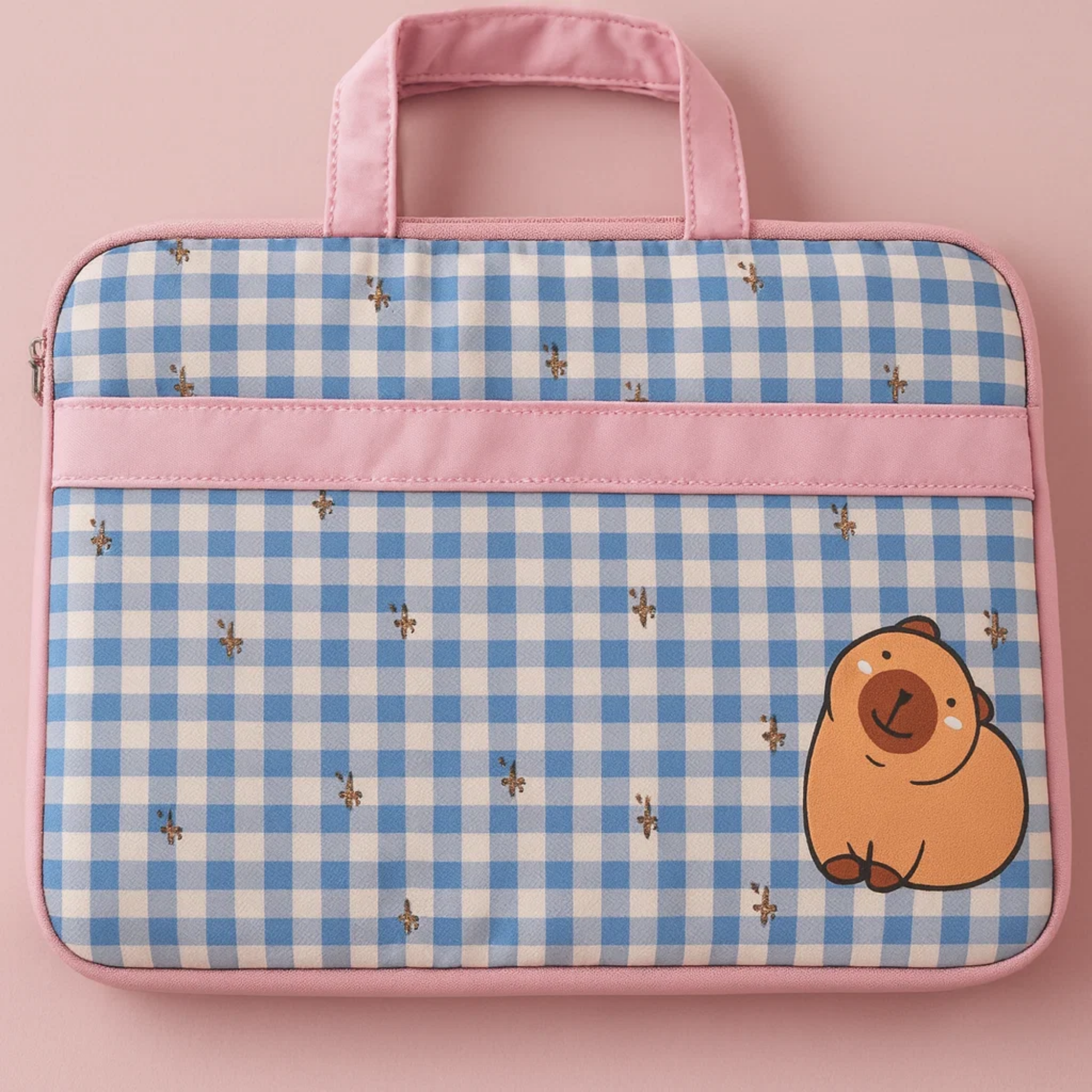 Blue Gingham Capybara Laptop Bag