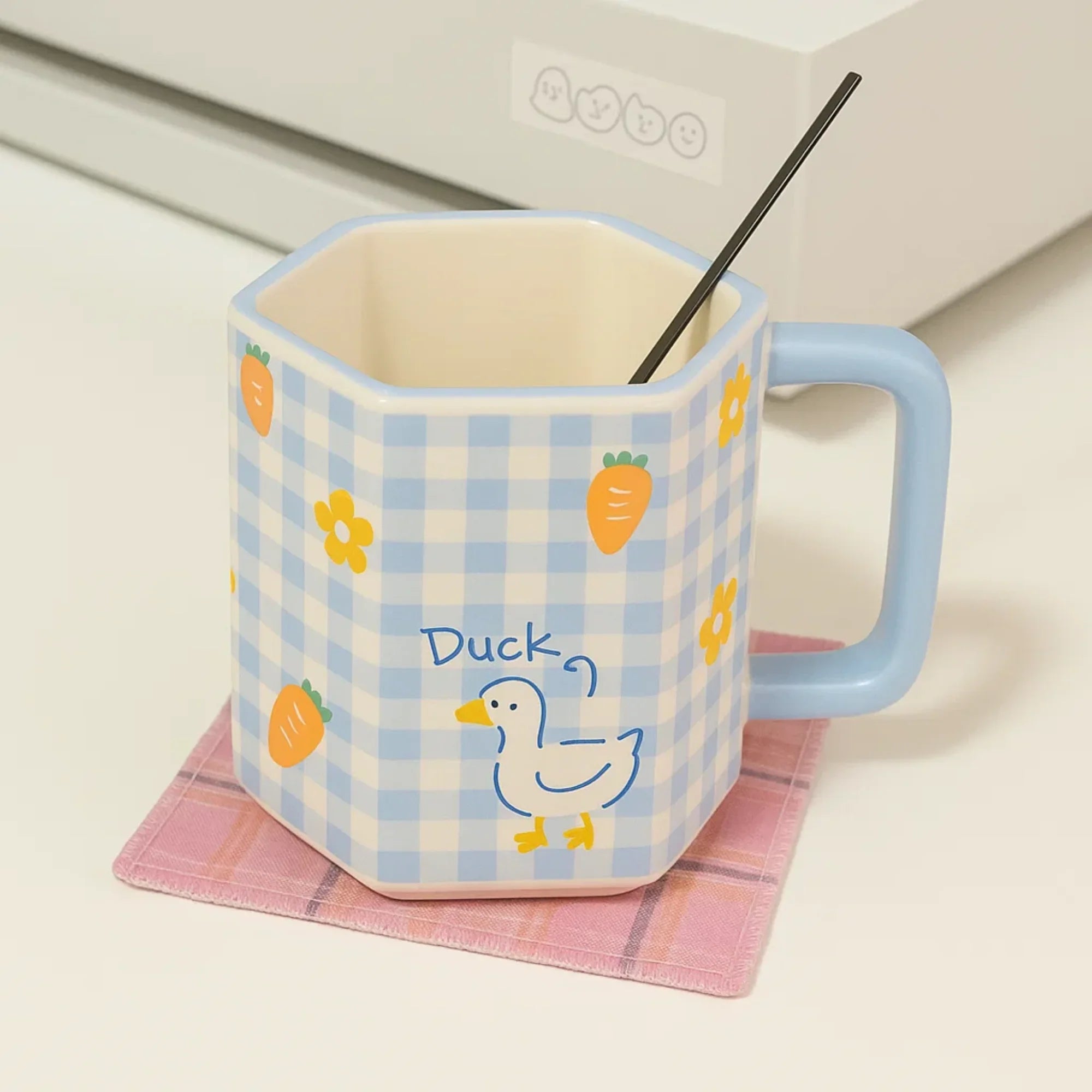 Blue Checker Duck Ceramic Mug with Spoon