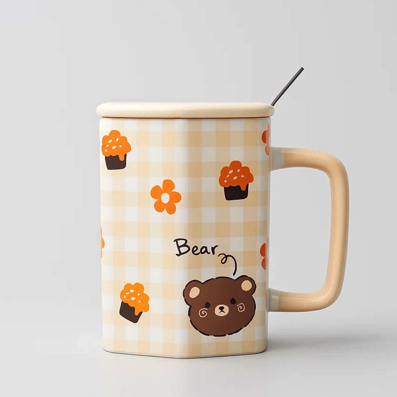Brown Checker Bear Ceramic Mug with spoon