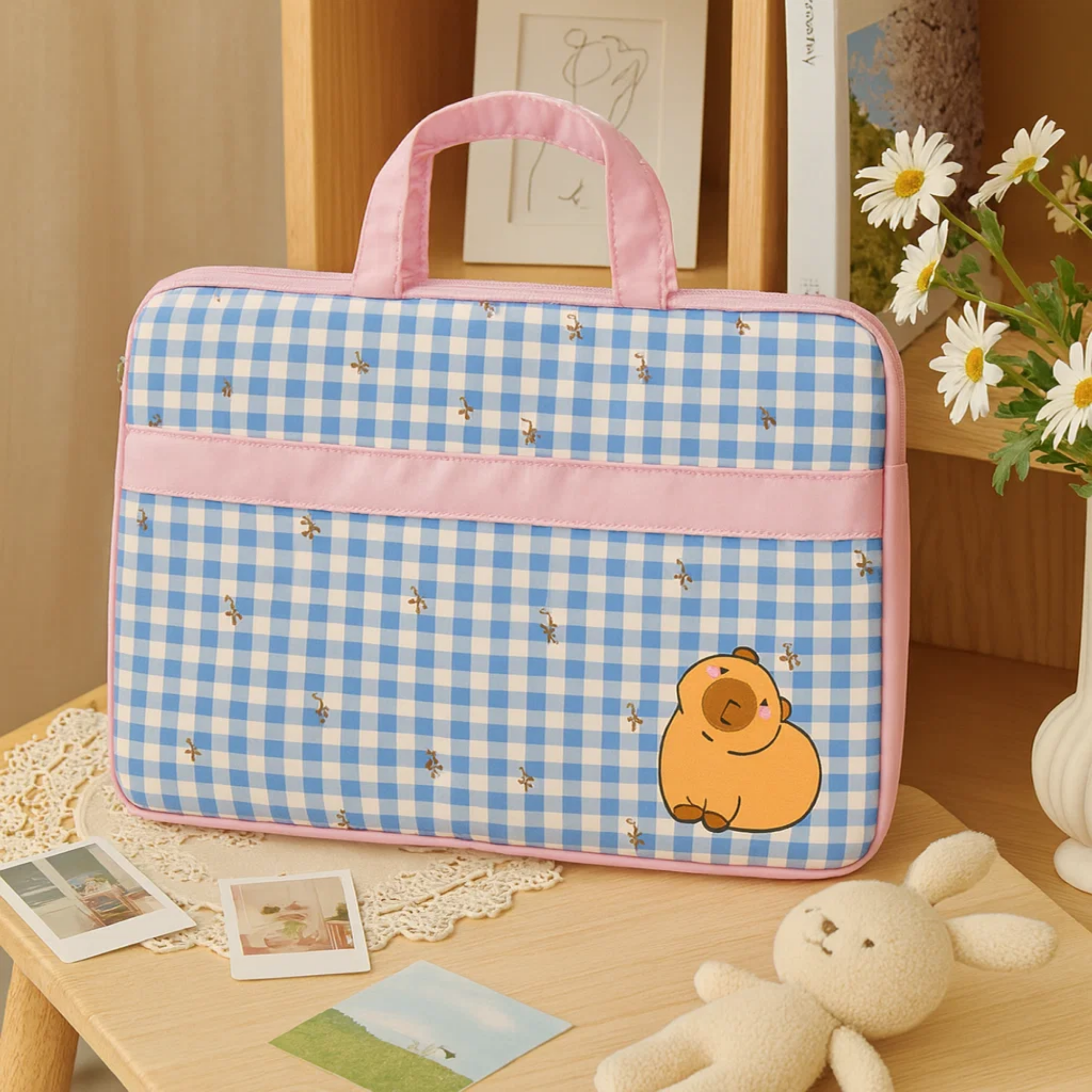 Blue Gingham Capybara Laptop Bag