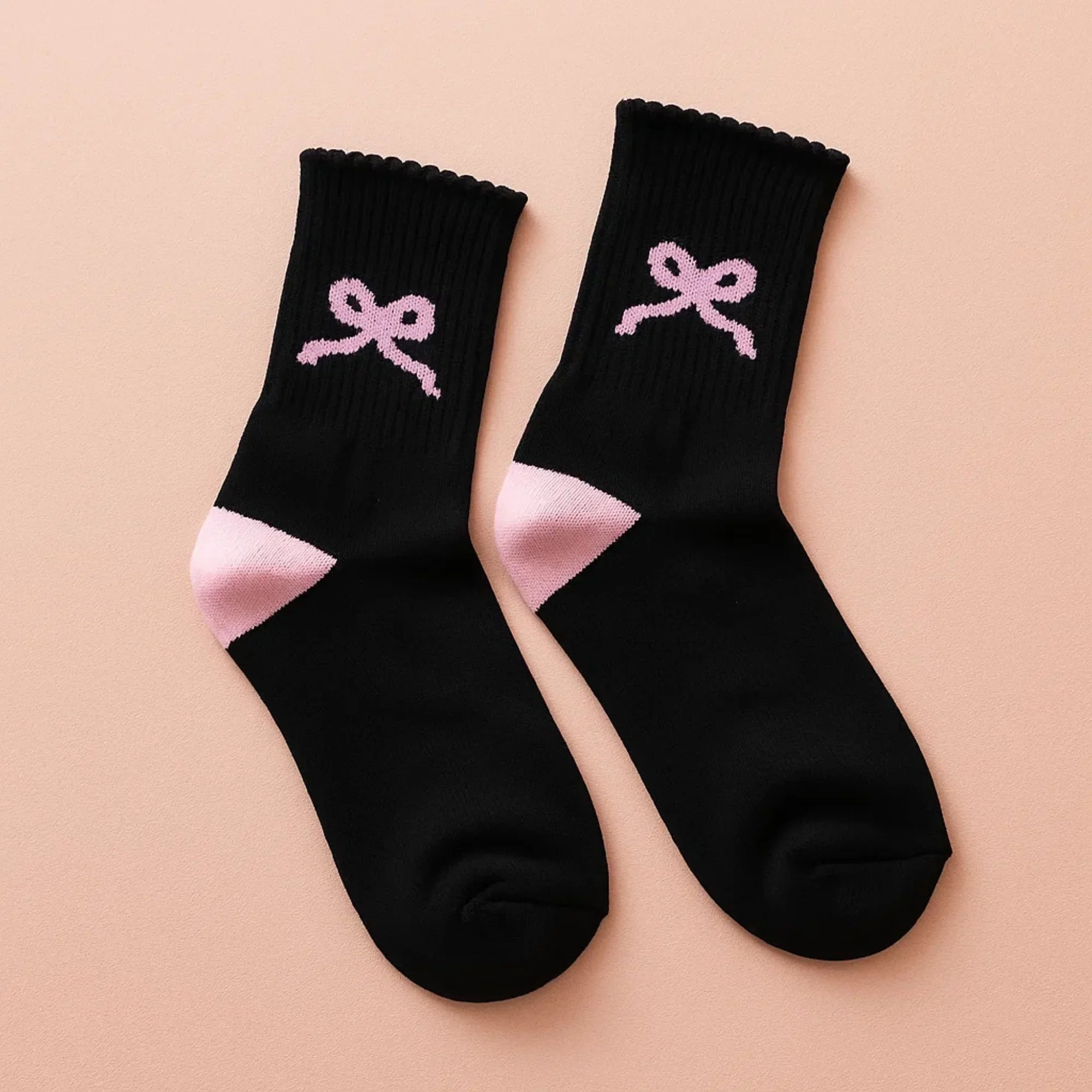 Black Pink Bow Crew Socks