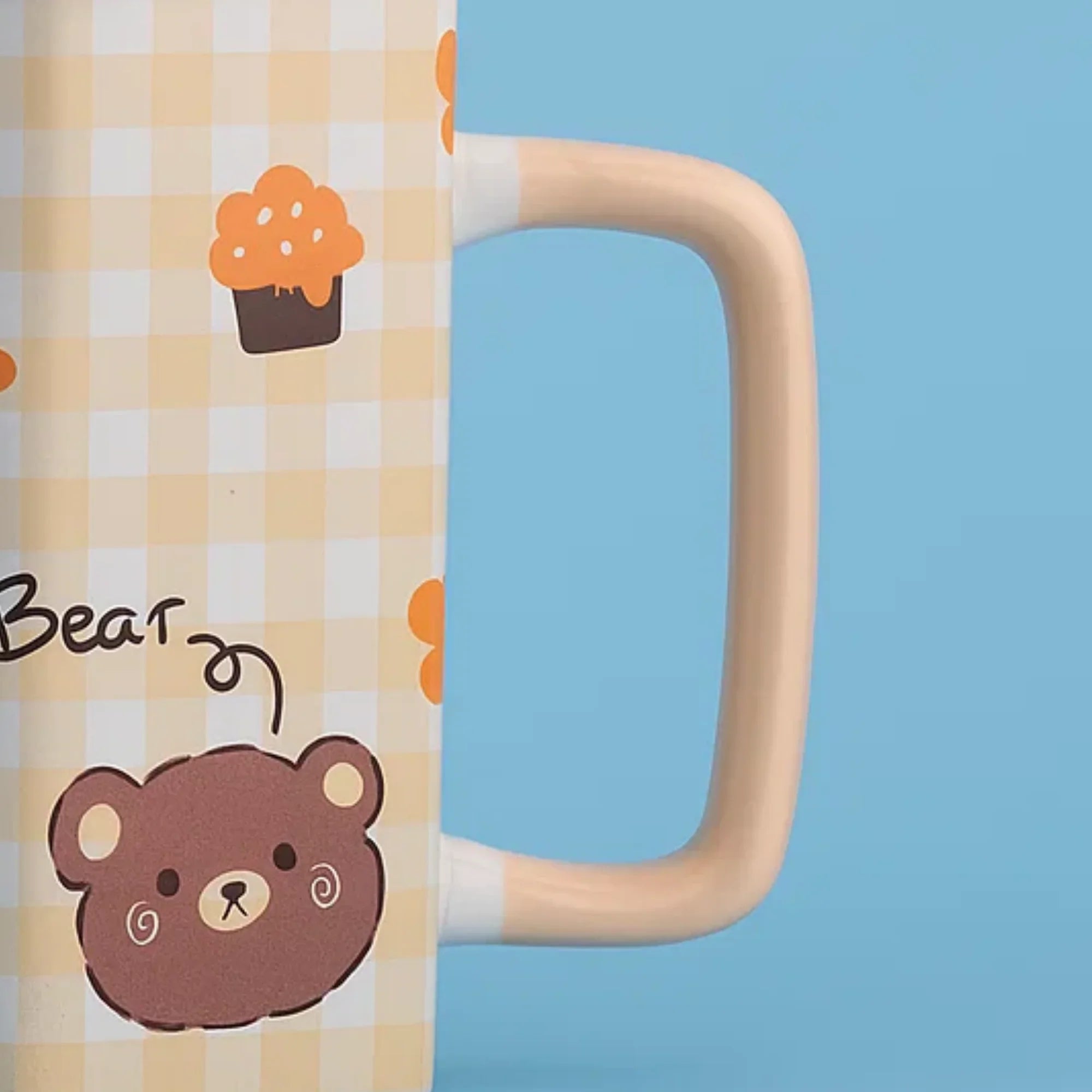 Brown Checker Bear Ceramic Mug with spoon