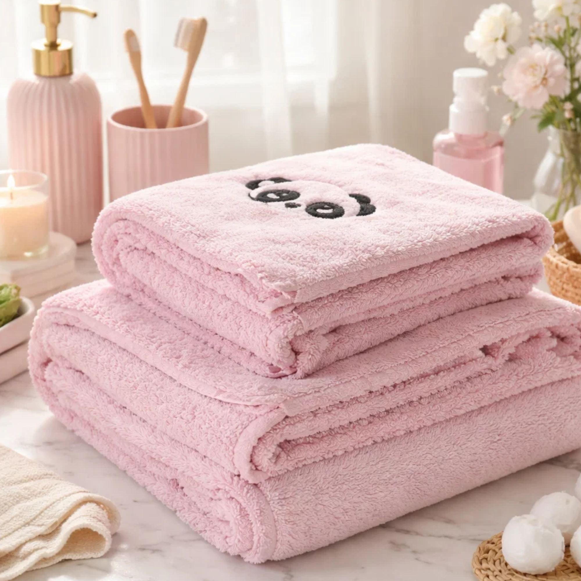 Panda Microfibre Towels Pink
