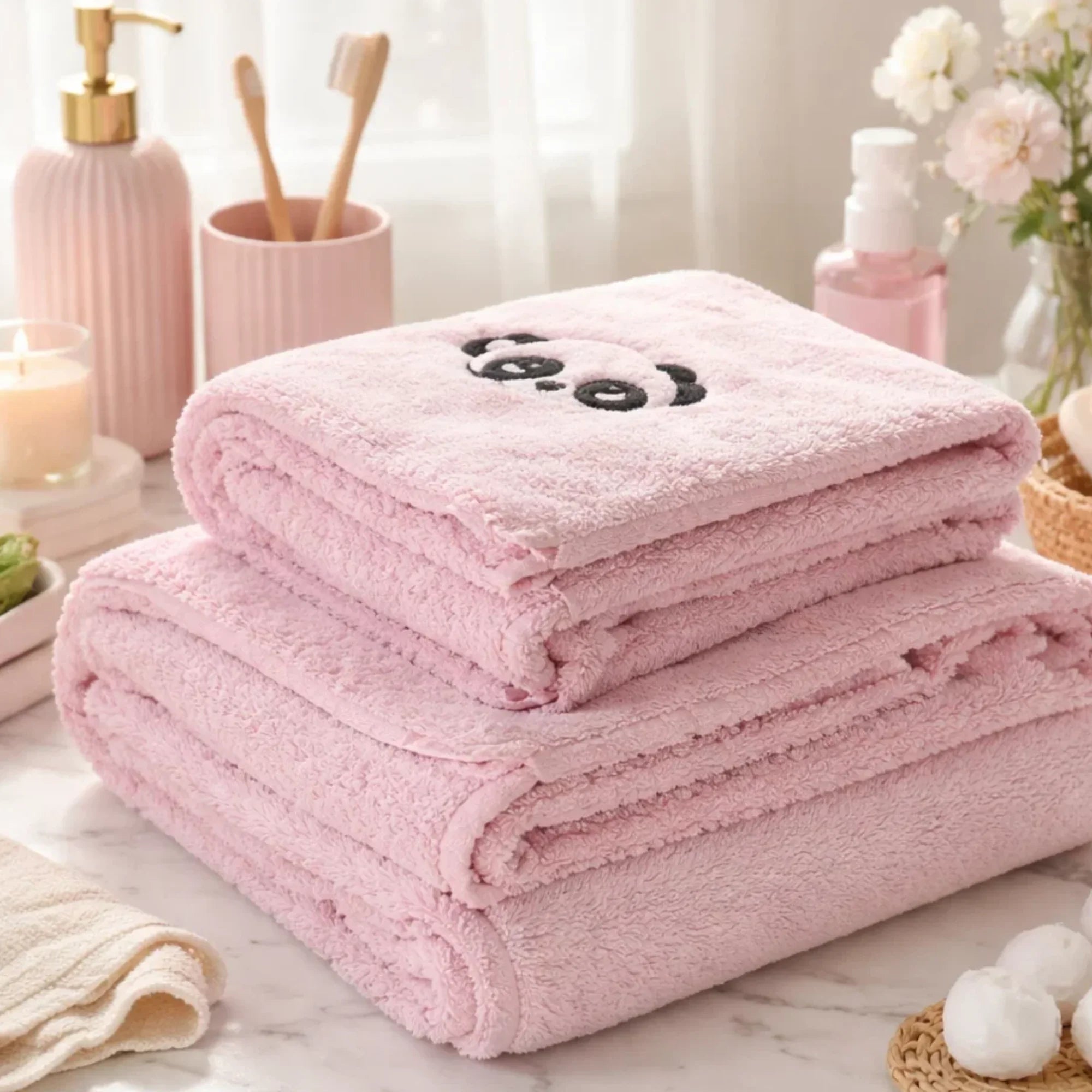 Panda Microfibre Towels Pink
