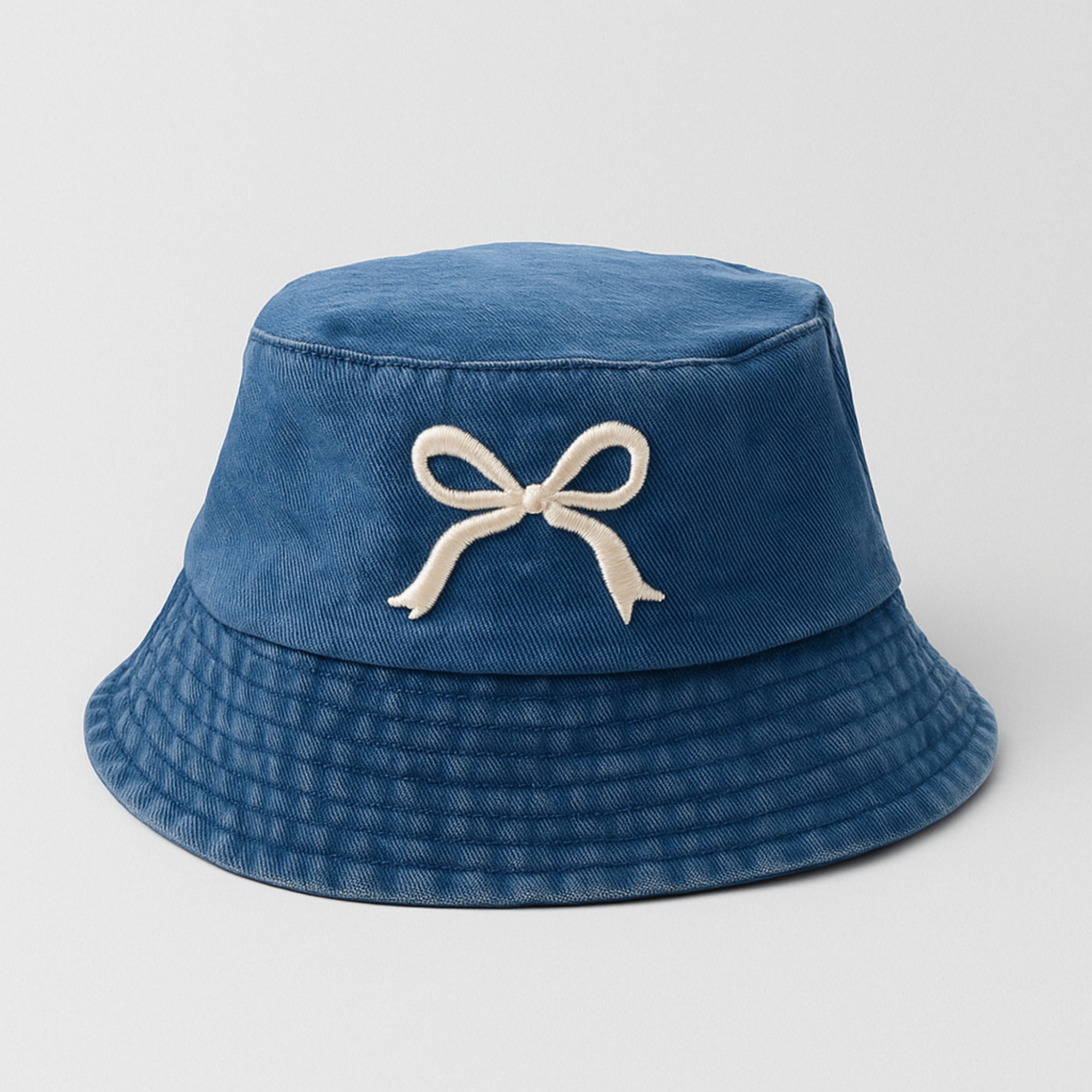 White Embroidered Bow Bucket Hat