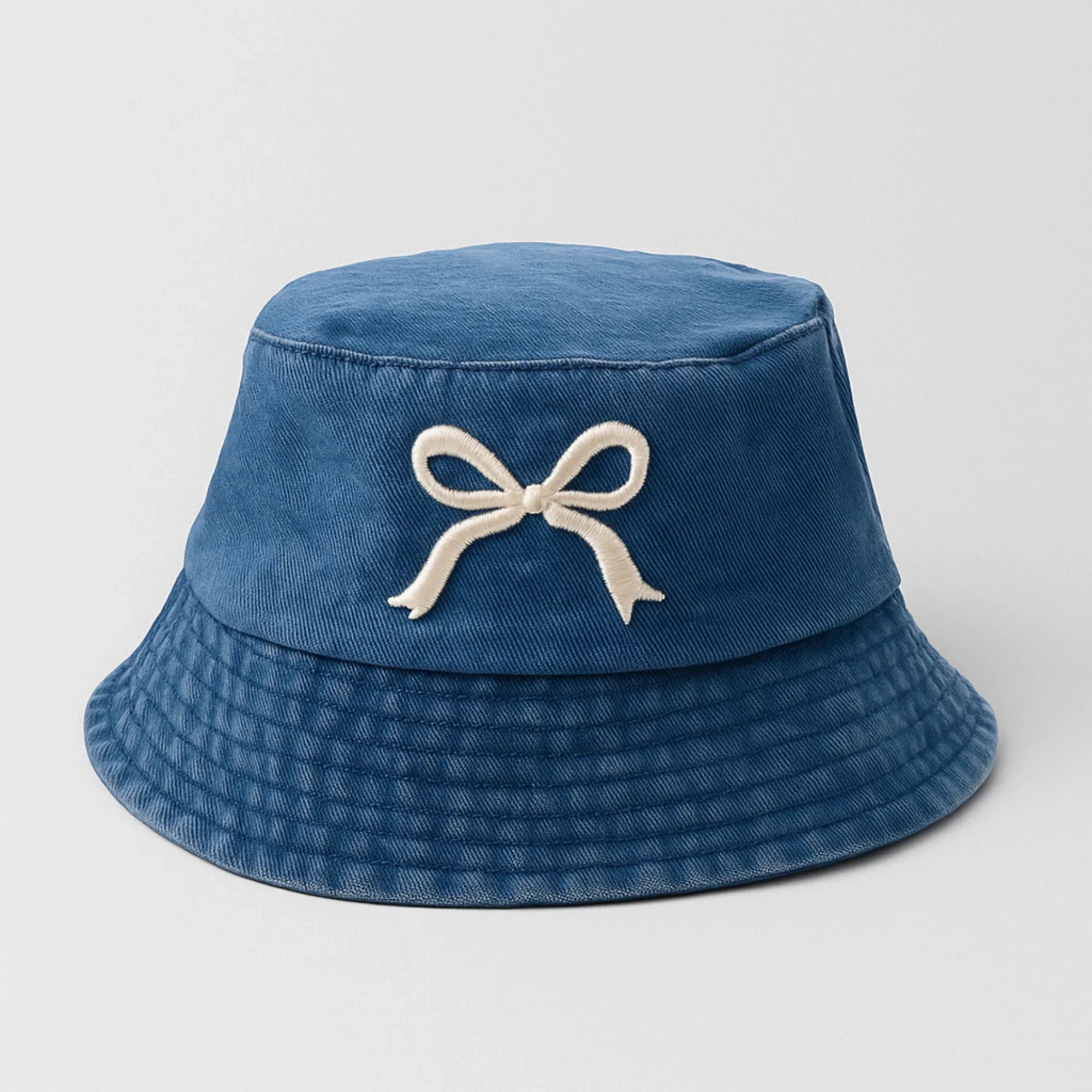 White Embroidered Bow Bucket Hat
