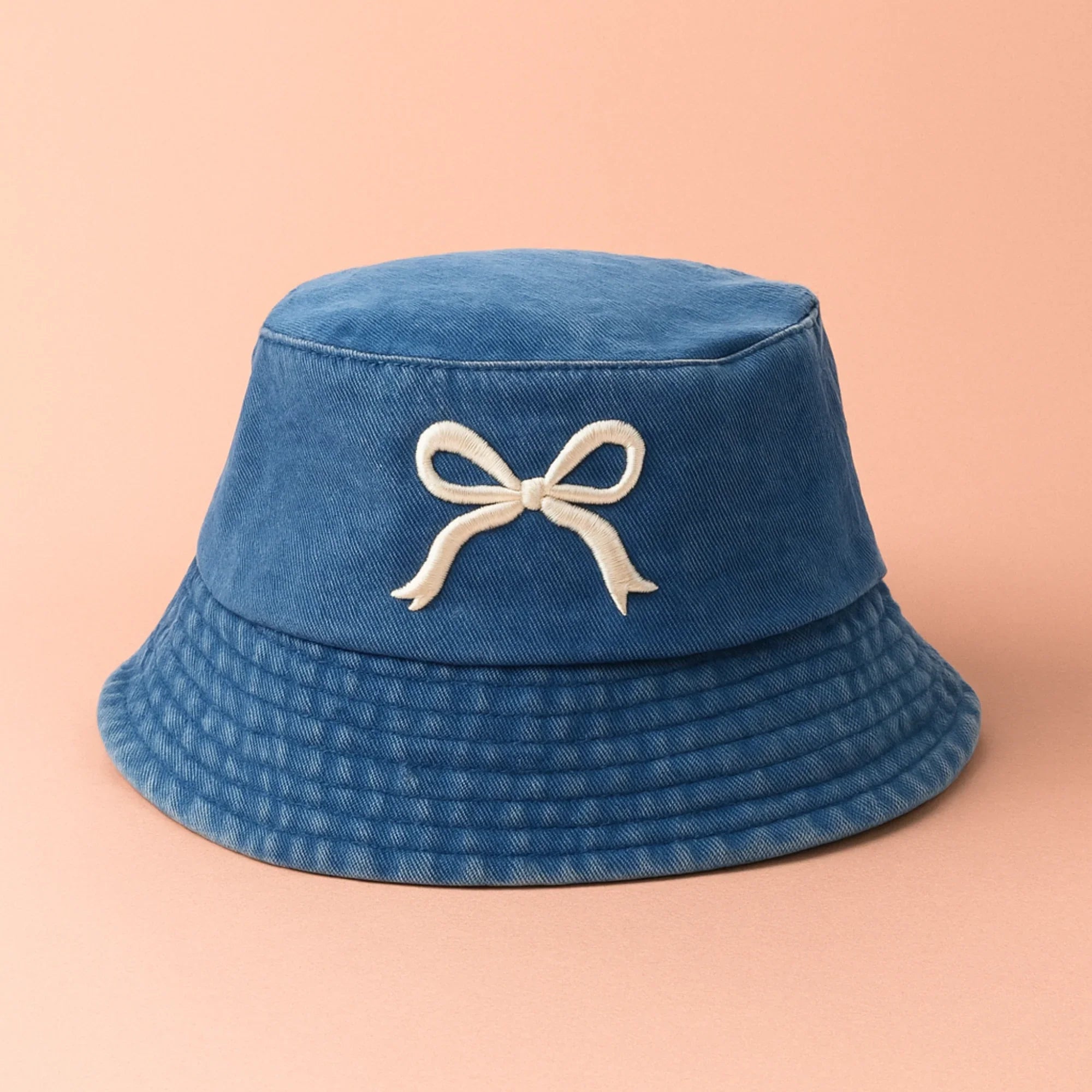 White Embroidered Bow Bucket Hat