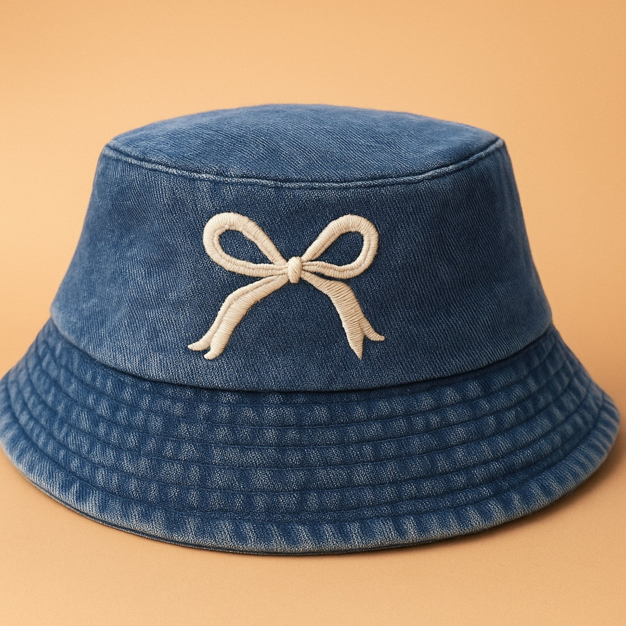 White Embroidered Bow Bucket Hat