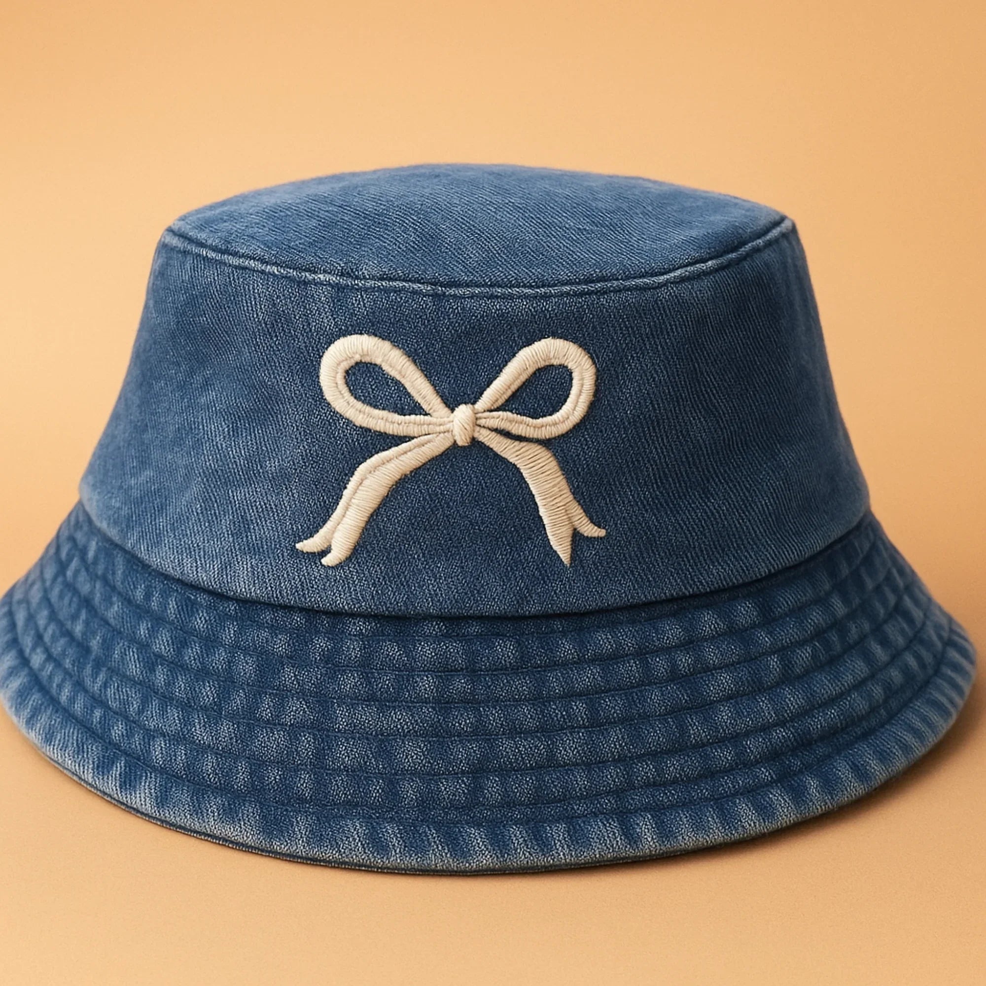 White Embroidered Bow Bucket Hat