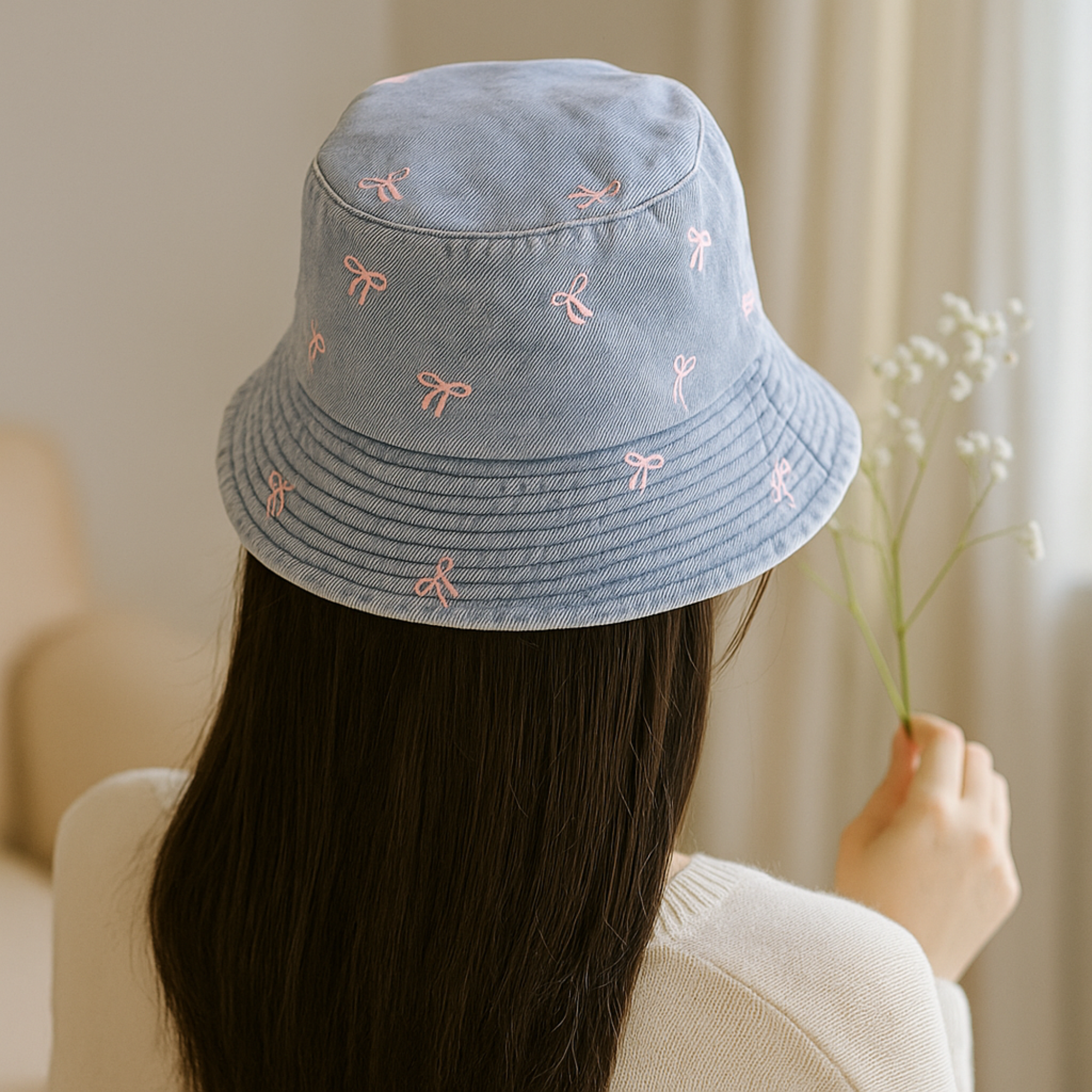 Washed Blue Bucket Hat with Bows