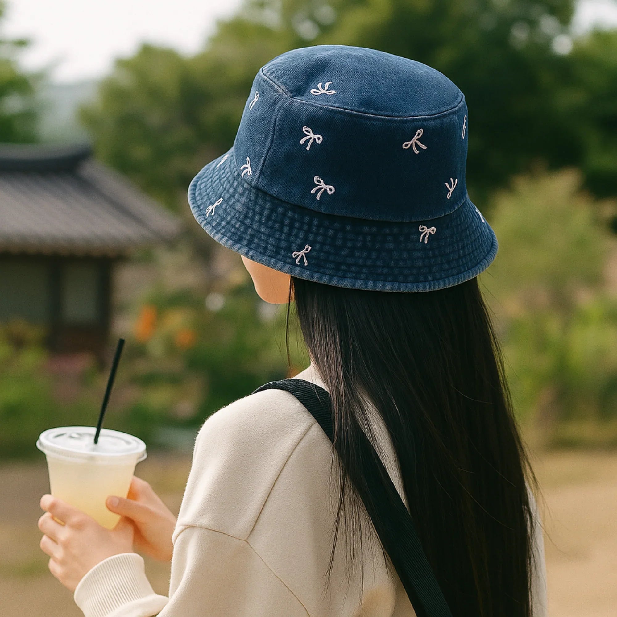 Dark Blue Bucket Hat with Bows