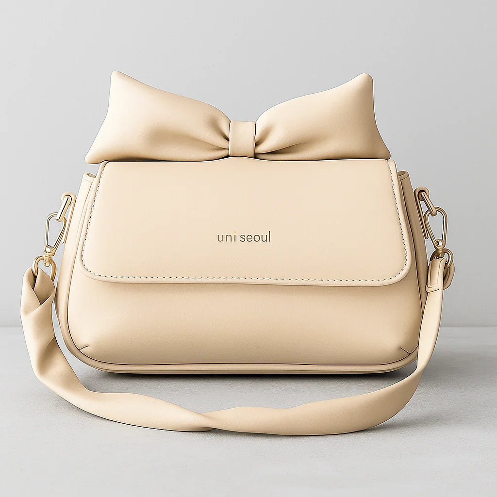Puffed Bow Top Sling Bag - Beige