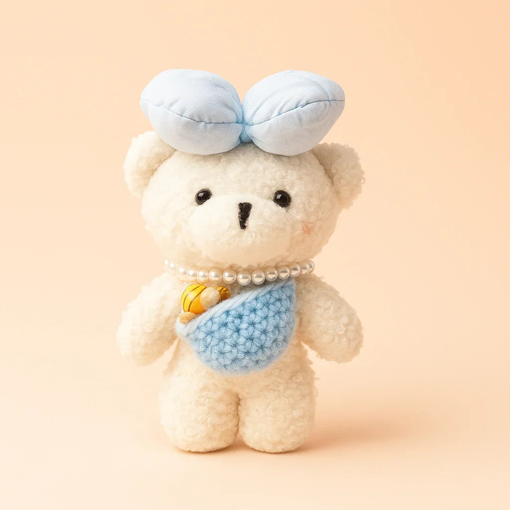 White Teddy Blue Crochet and Bow Plushie Keyring