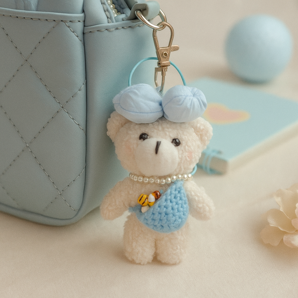 White Teddy Blue Crochet and Bow Plushie Keyring