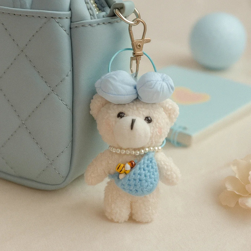White Teddy Blue Crochet and Bow Plushie Keyring