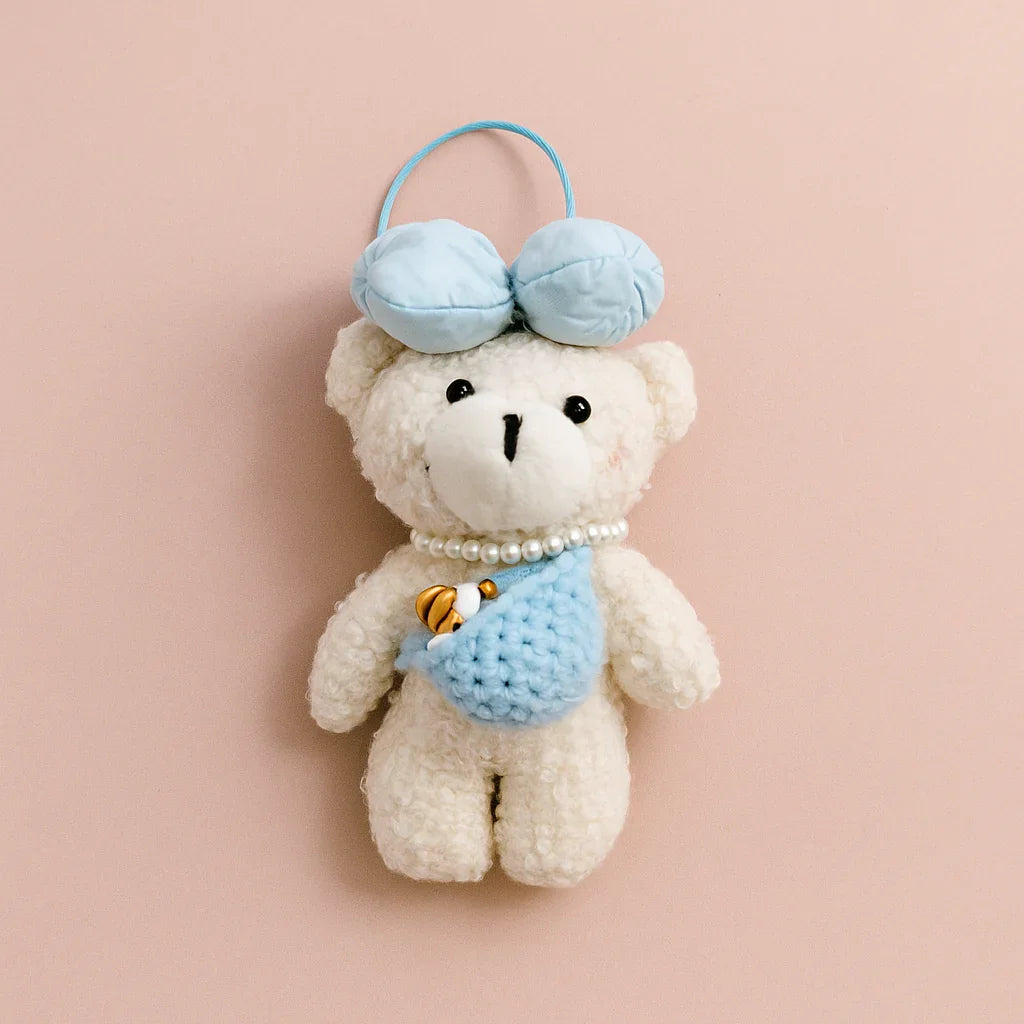 White Teddy Blue Crochet and Bow Plushie Keyring