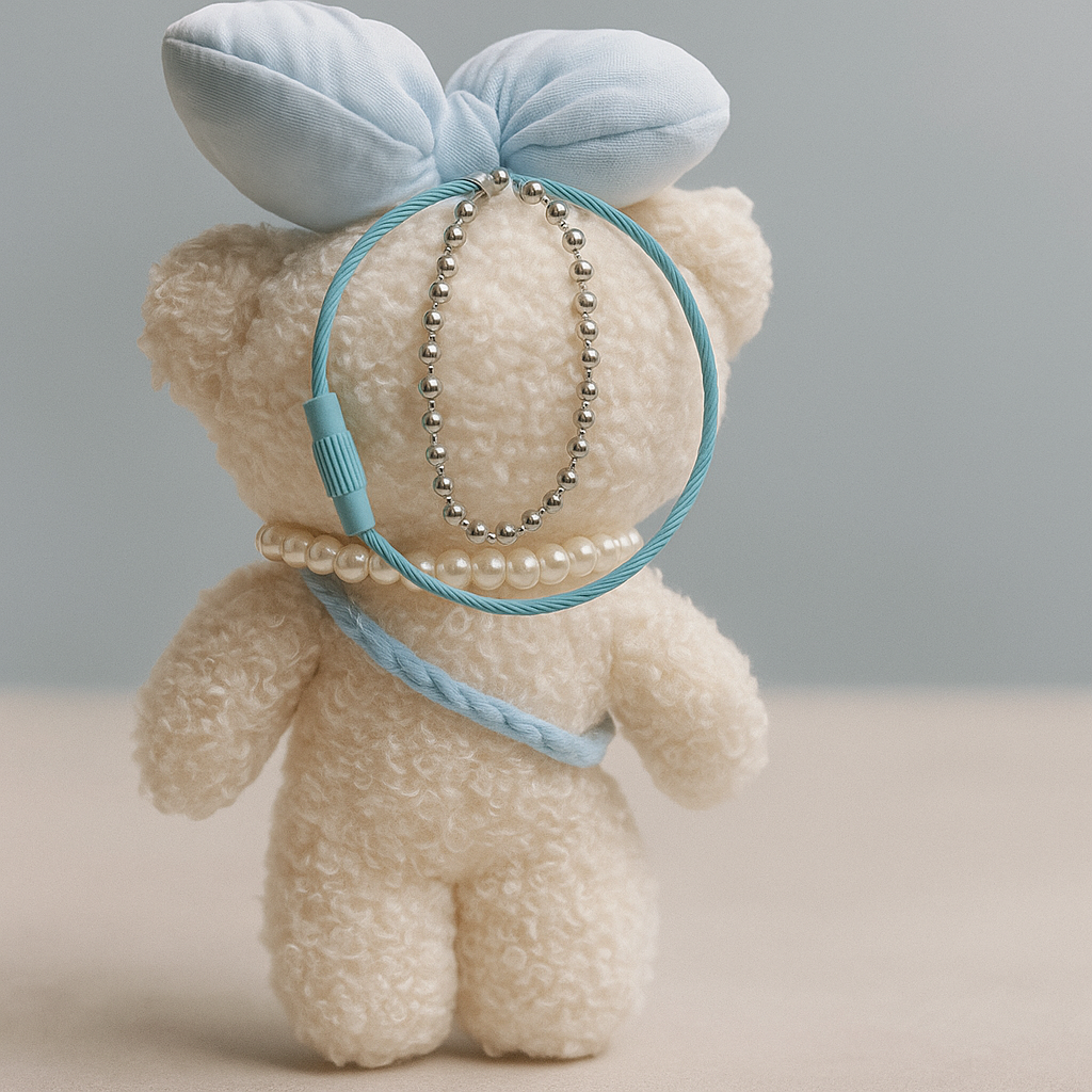 White Teddy Blue Crochet and Bow Plushie Keyring