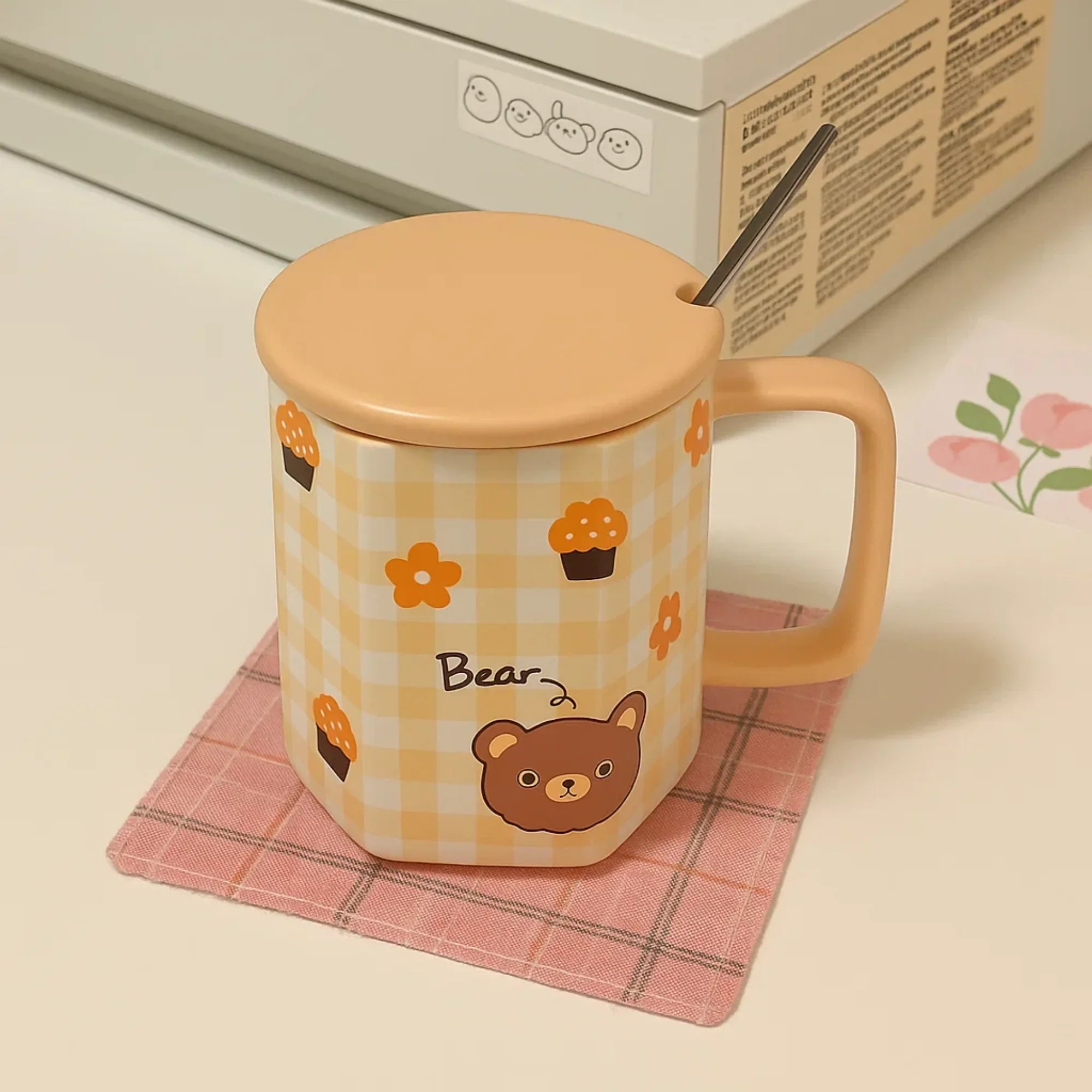 Brown Checker Bear Ceramic Mug with spoon