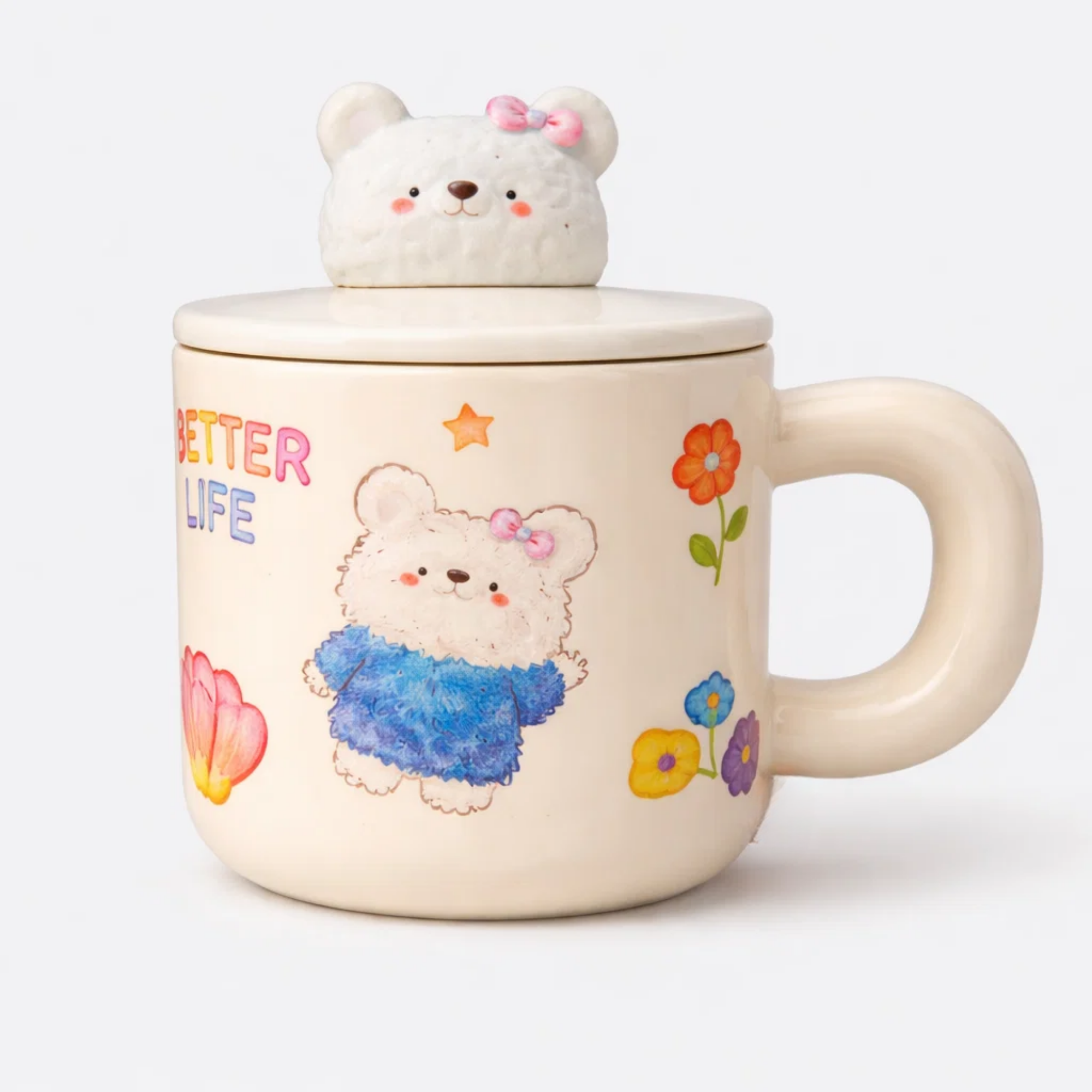 White Bunny Ceramic Cup with Bunny Handle Lid