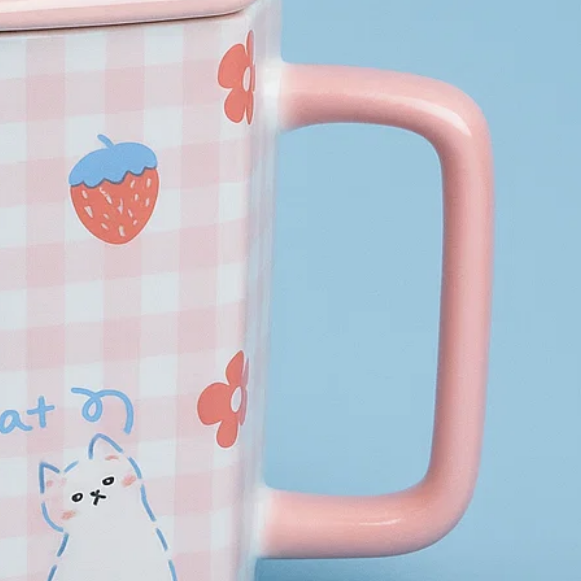 Pink Checker Bear Ceramic Mug with spoon (all in one)