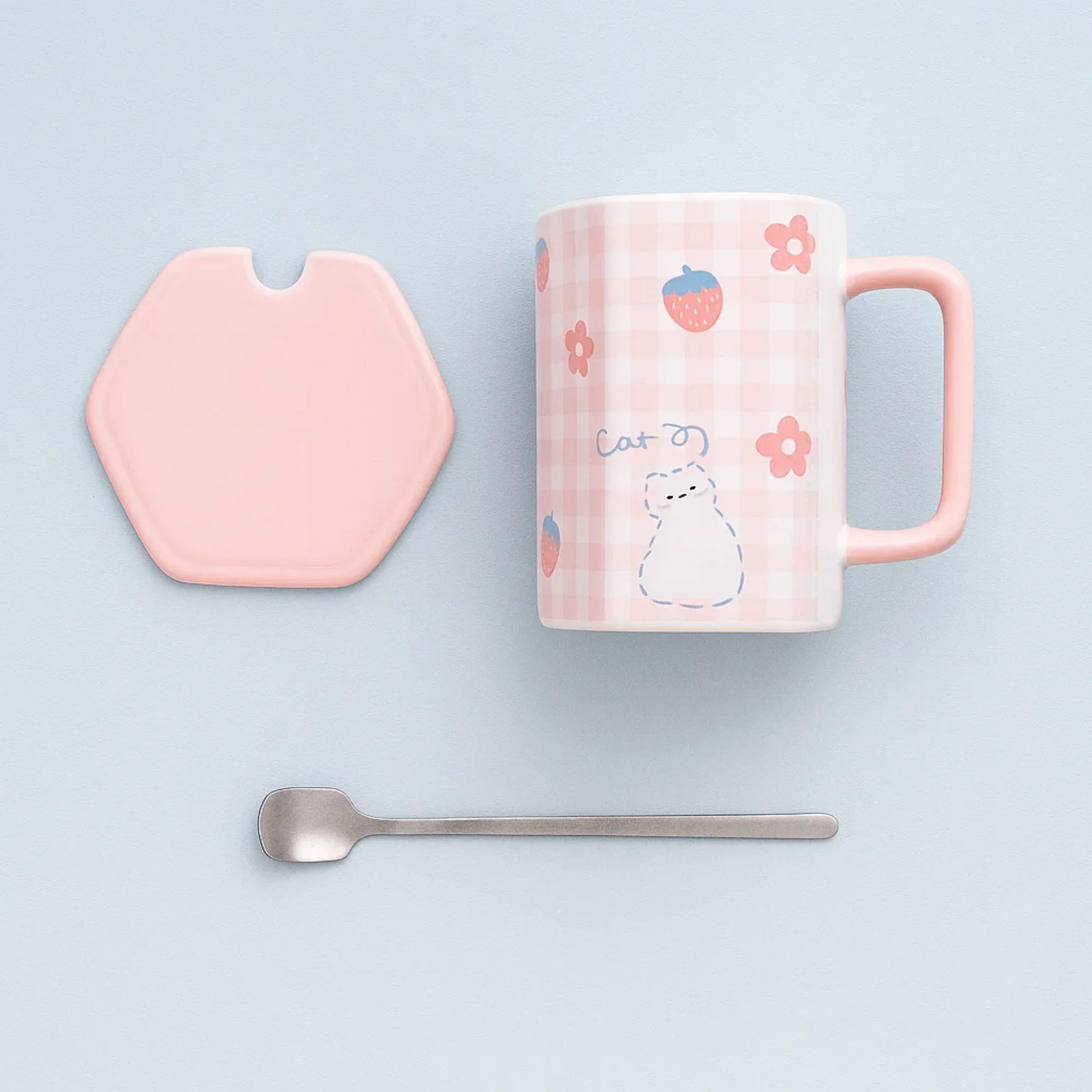 Pink Checker Bear Ceramic Mug with spoon (all in one)