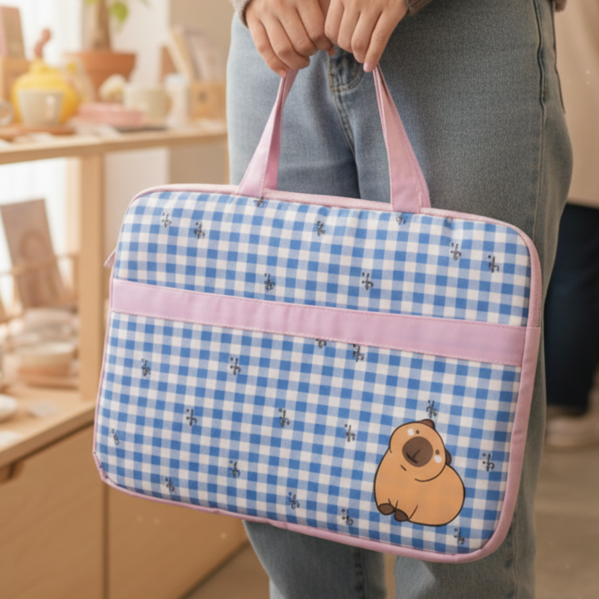 Blue Gingham Capybara Laptop Bag