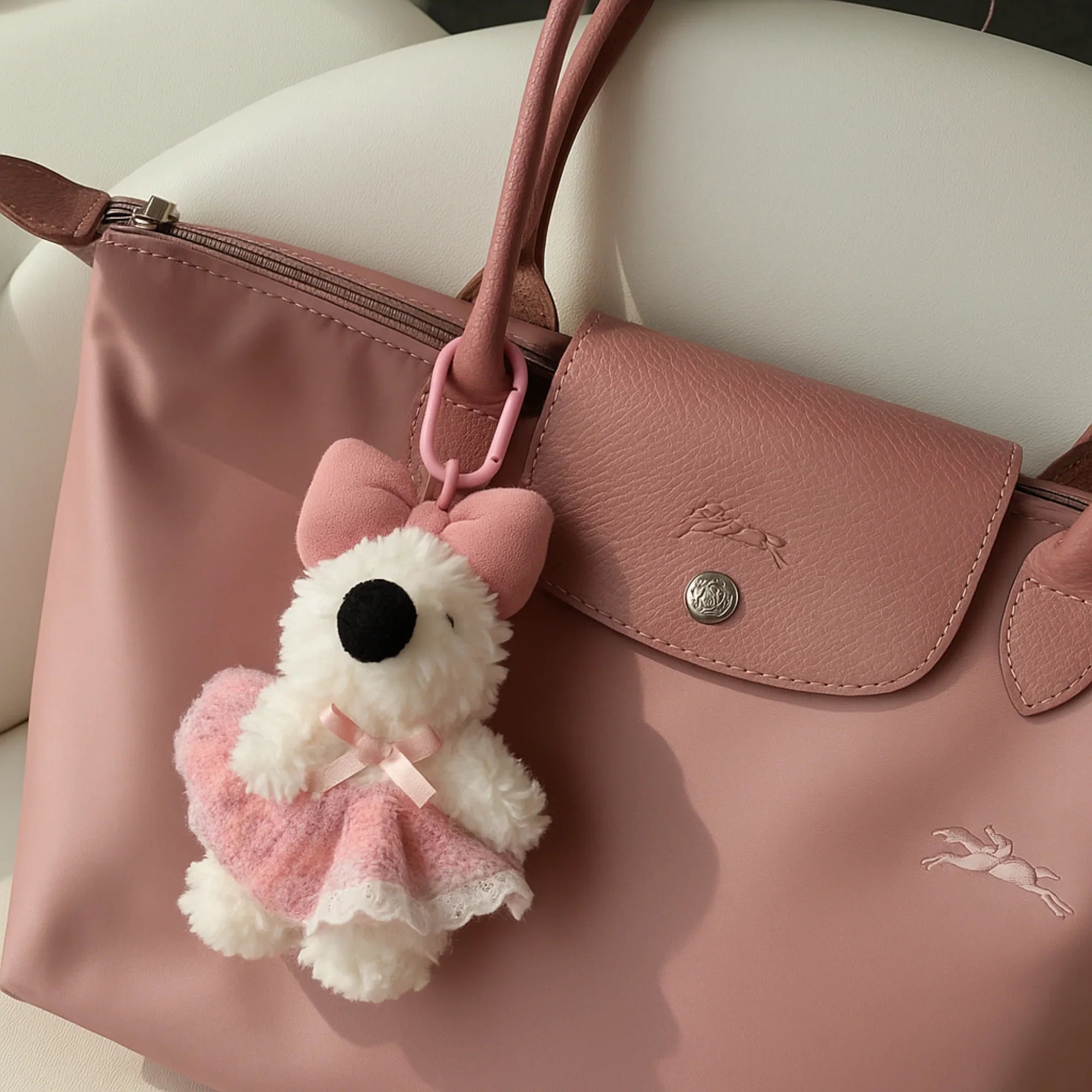 Pink Dress and Bow Dog Plushie Keyring