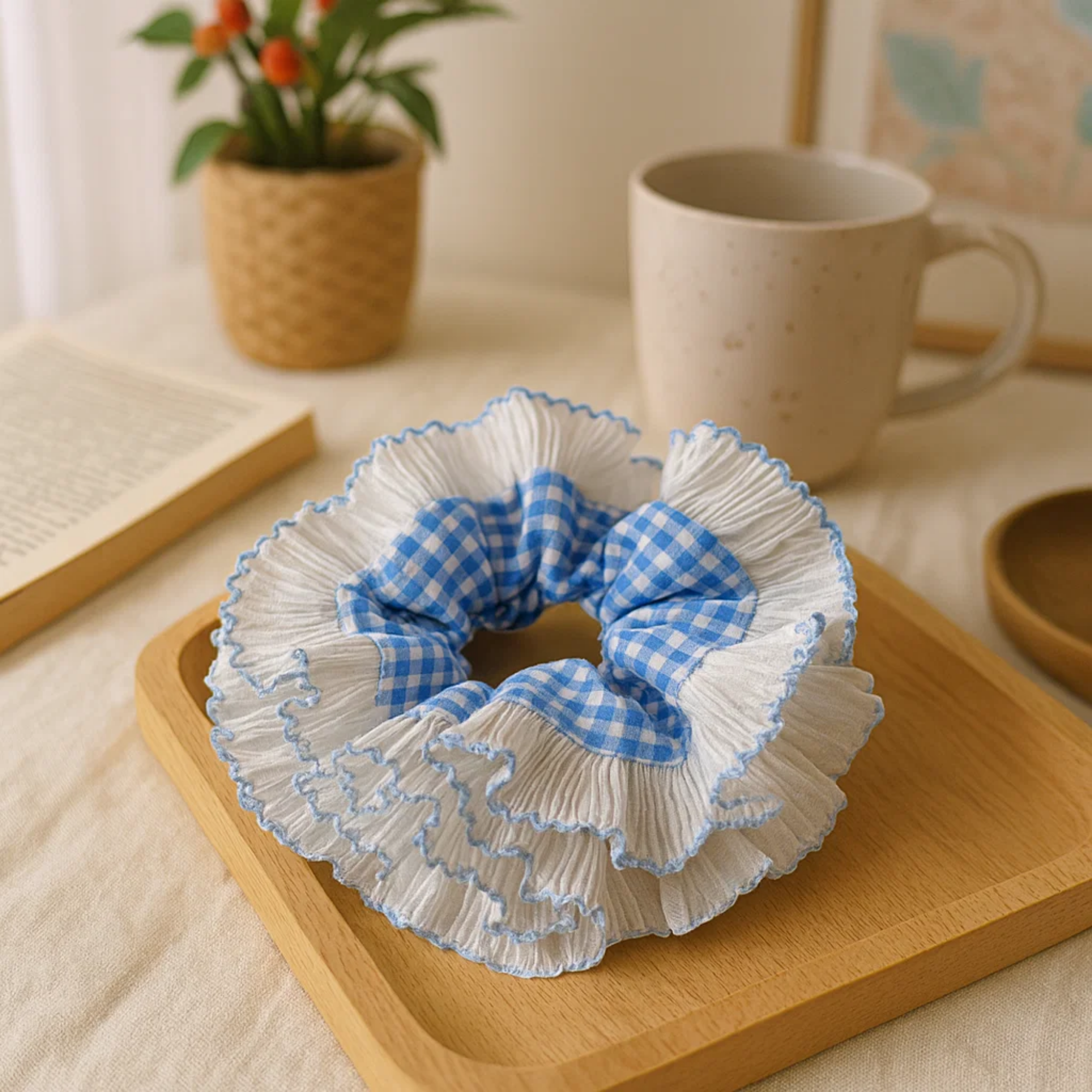 Blue Gingham Frill Scrunchie