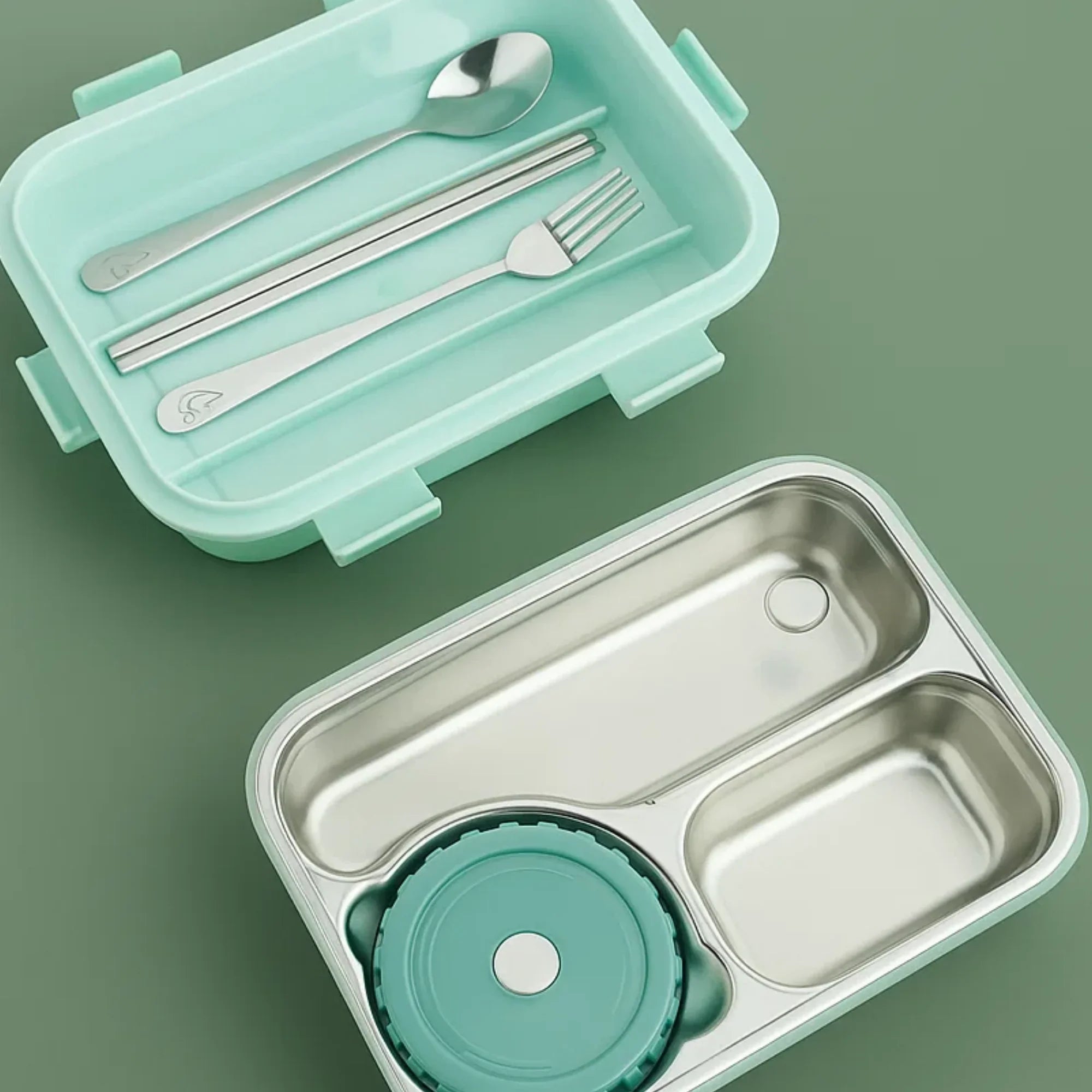Korean Bento Box 3 Grid with Soup Bowl - Green