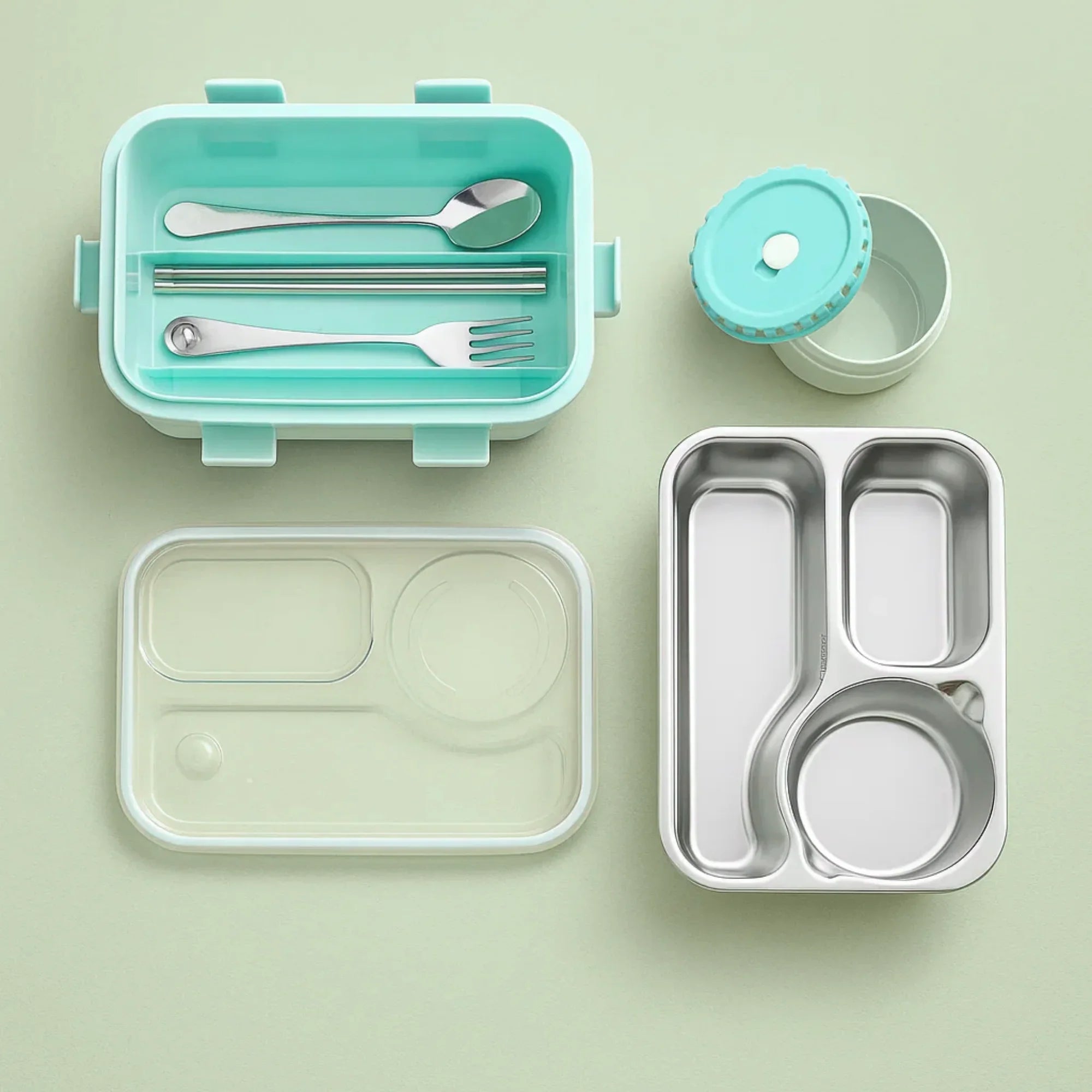 Korean Bento Box 3 Grid with Soup Bowl - Green