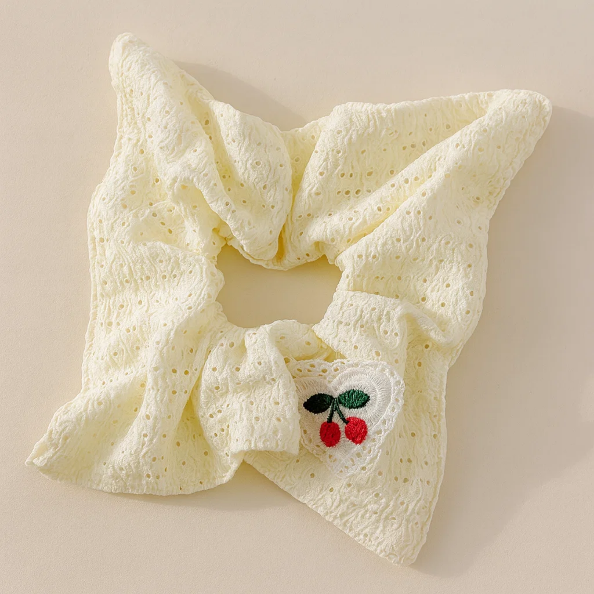 Square Cherry Embroidery Scrunchie
