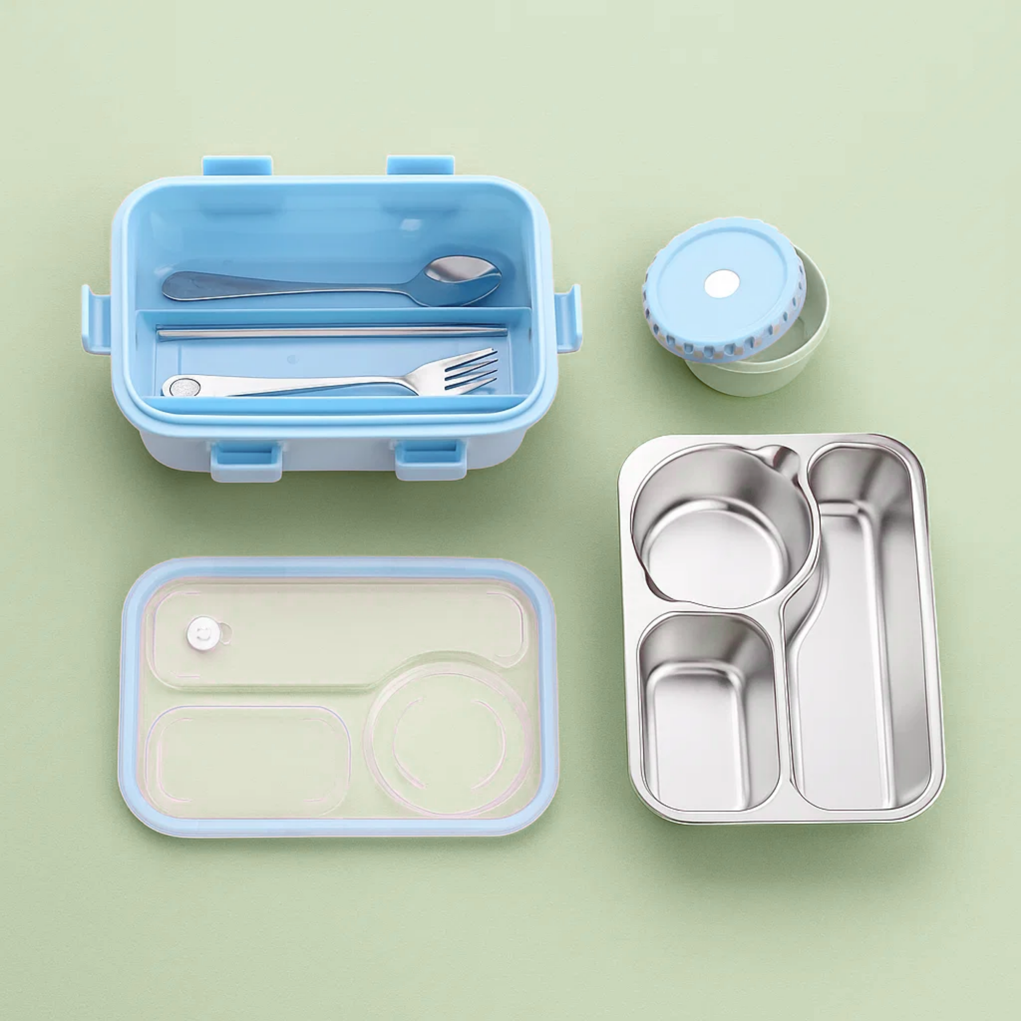 Korean Bento Box 3 Grid with Soup Bowl - Blue