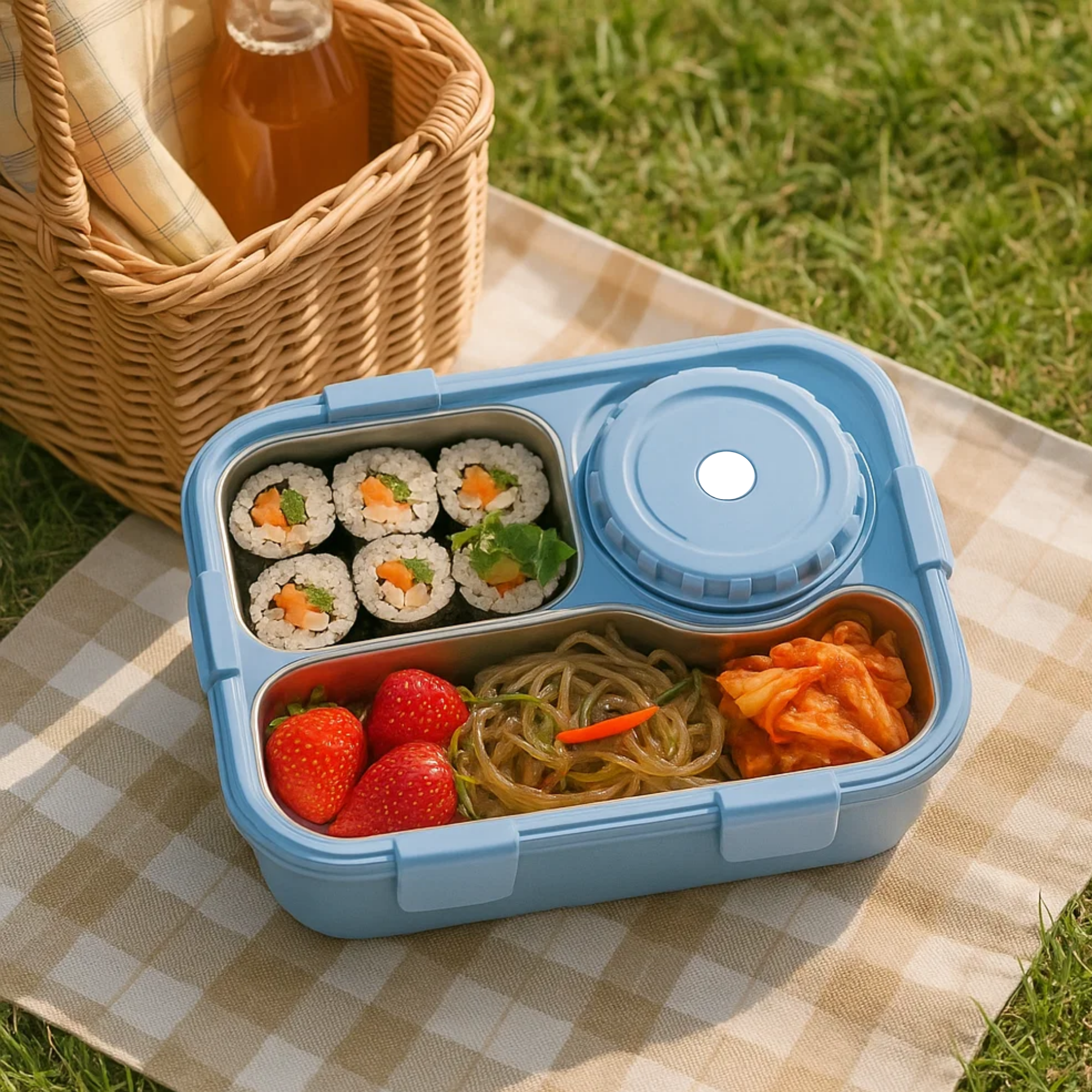 Korean Bento Box 3 Grid with Soup Bowl - Blue