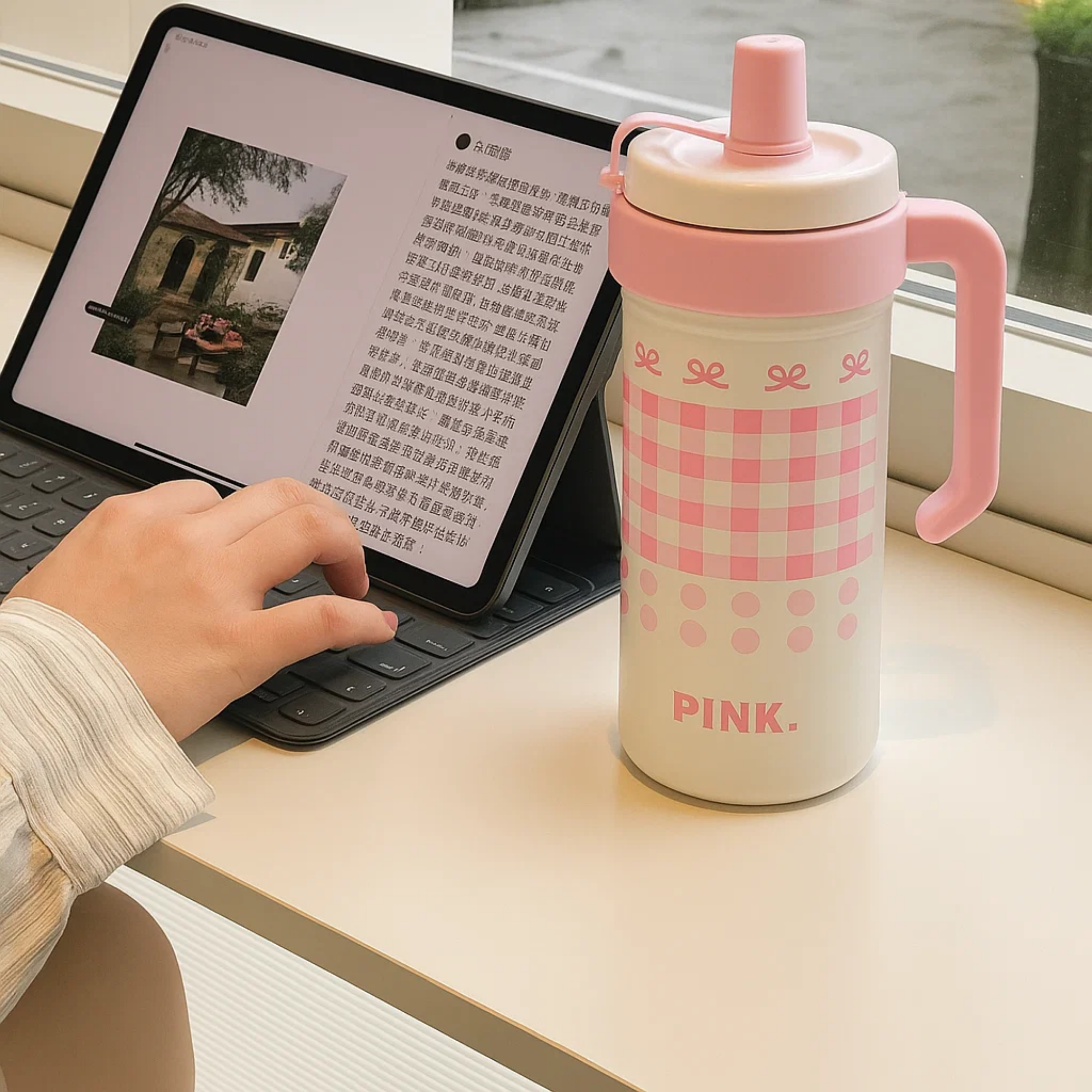 Pink Bow Gingham Stainless Steel Tumbler