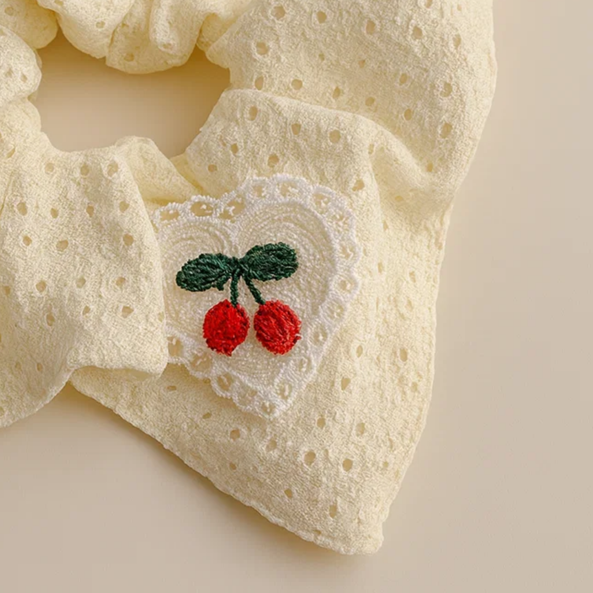 Square Cherry Embroidery Scrunchie