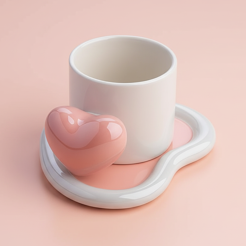 Glossy White Ceramic Mug with Pink Heart Handle