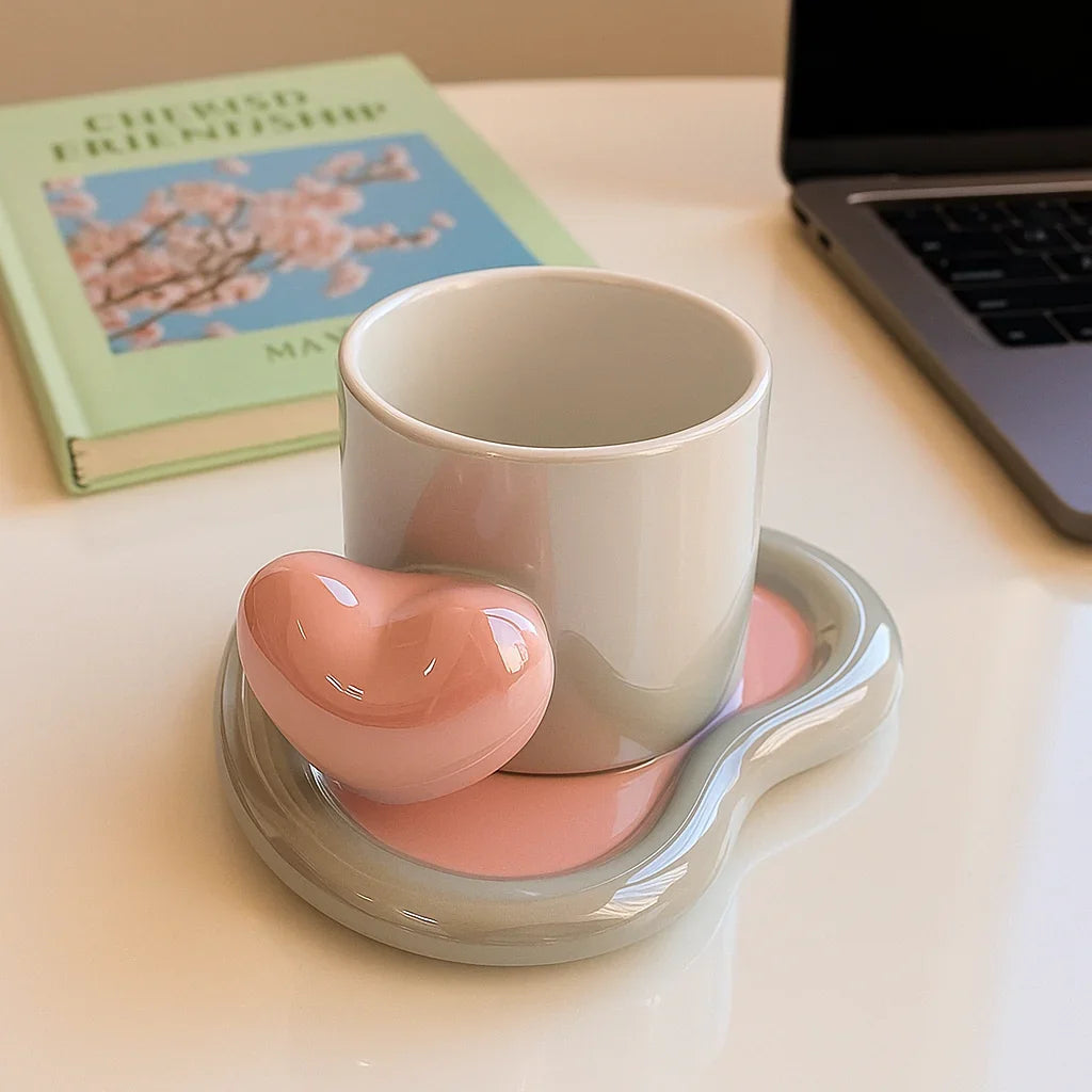 Glossy White Ceramic Mug with Pink Heart Handle