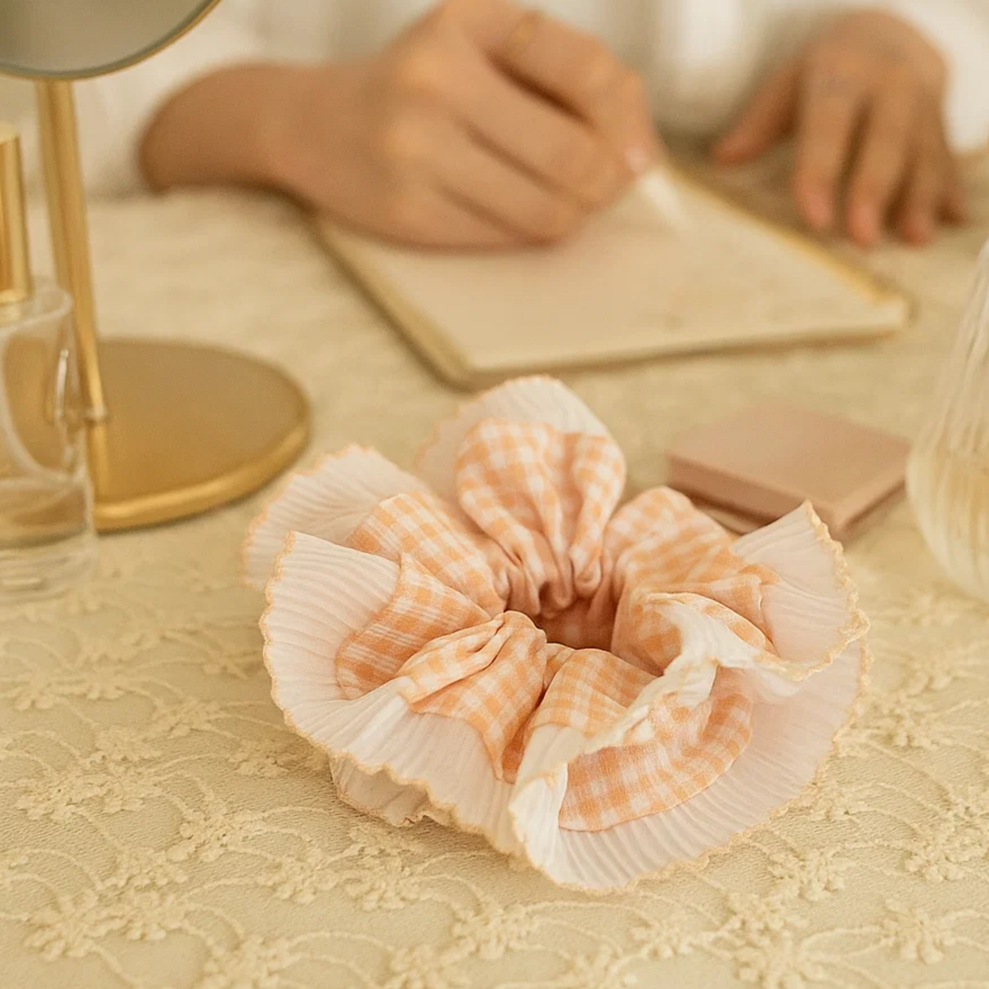 Pink Gingham Frill Scrunchie