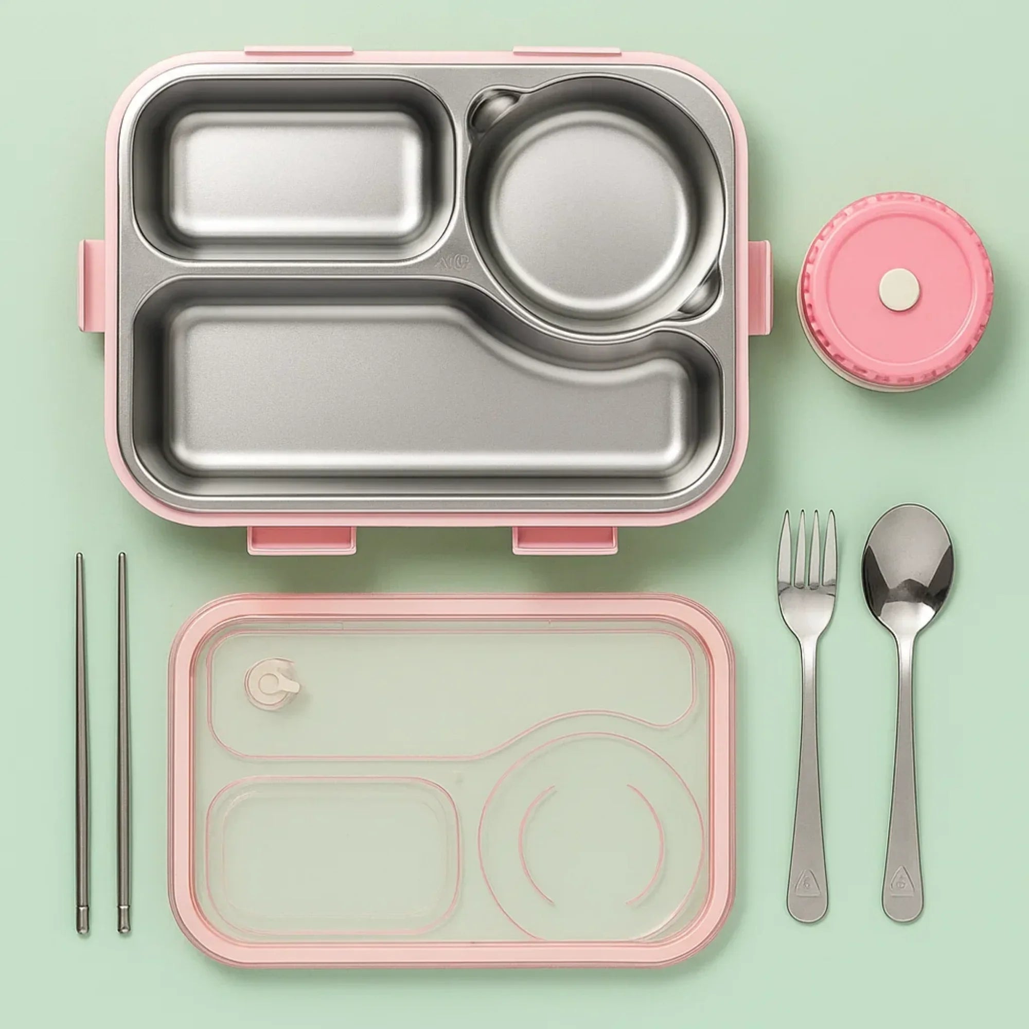 Korean Bento Box 3 Grid with Soup Bowl - Pink