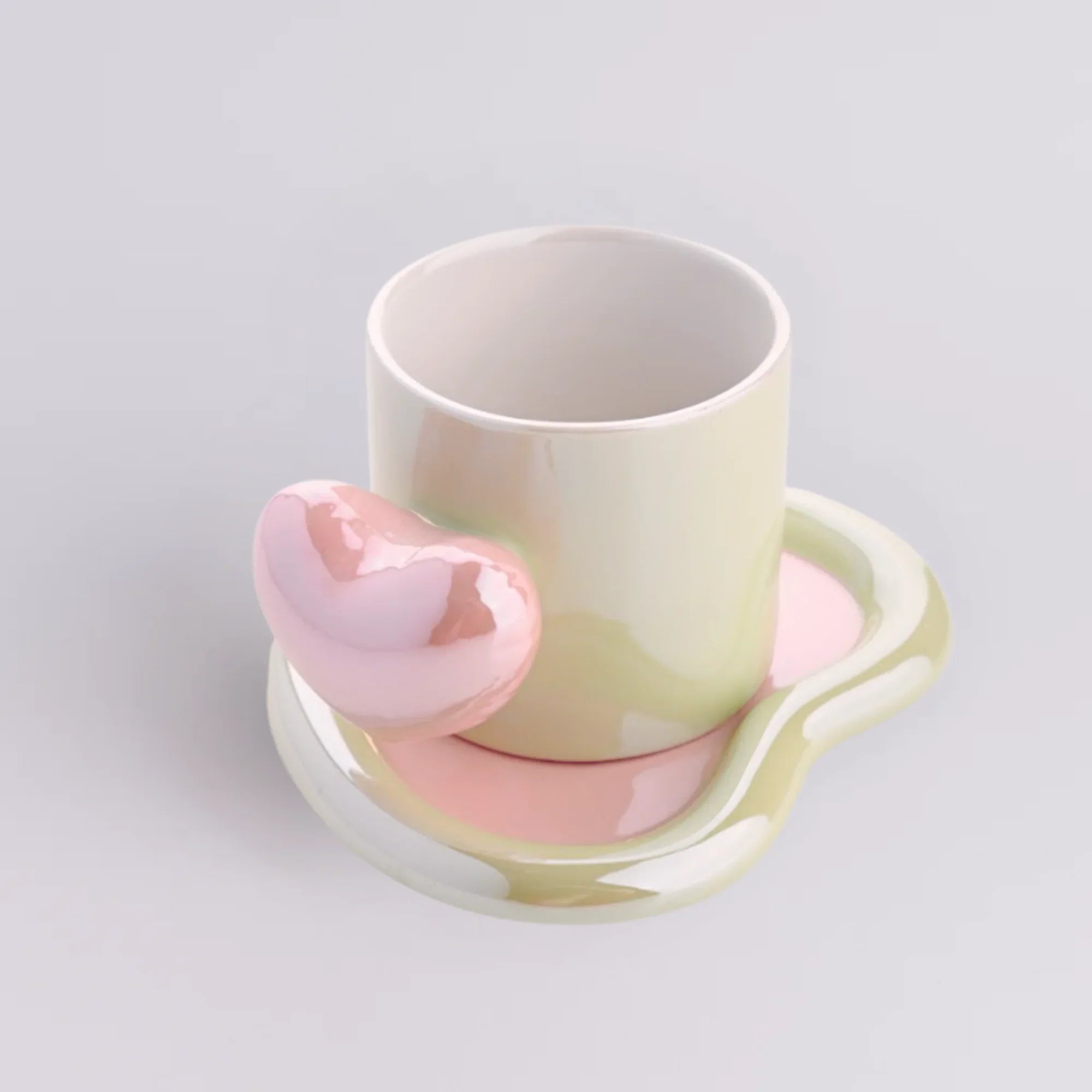 Glossy Pastel Green Ceramic Mug with Pink Heart handle