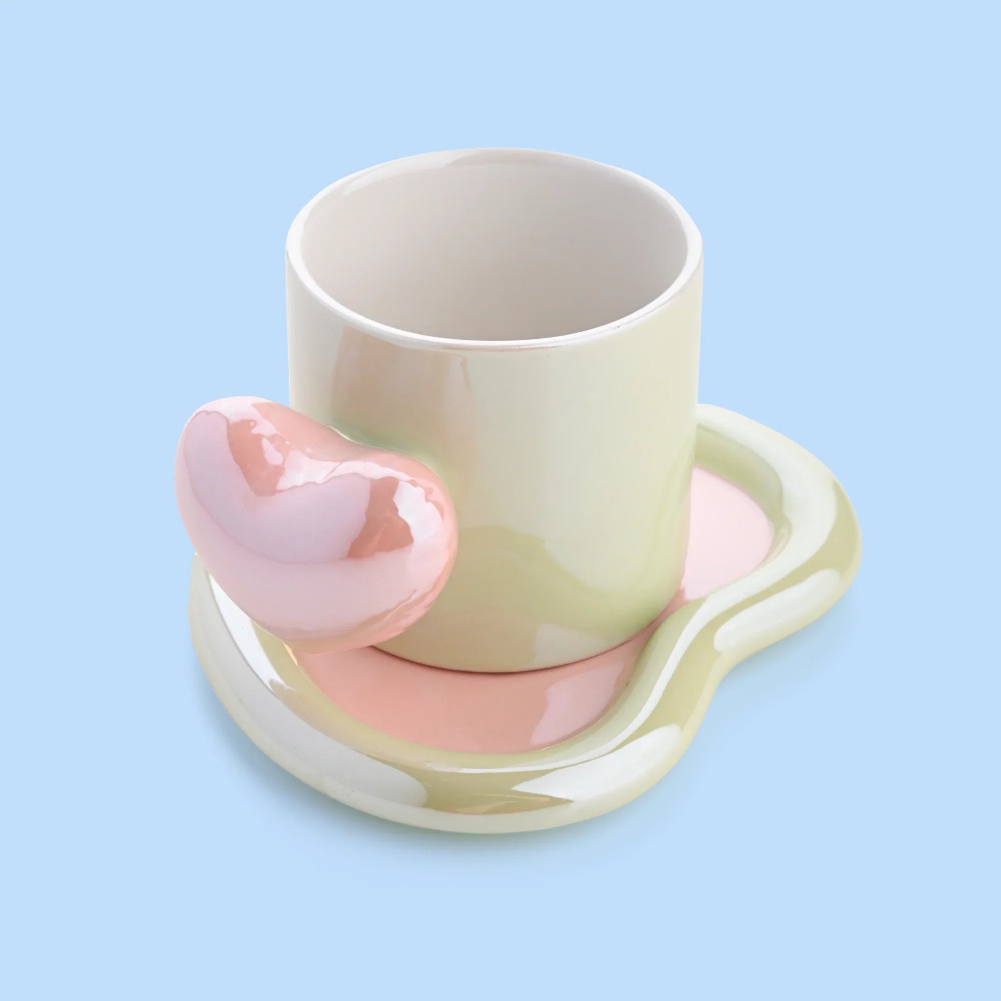 Glossy Pastel Green Ceramic Mug with Pink Heart handle
