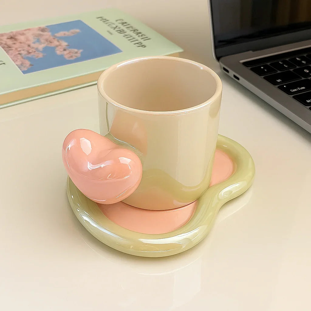Glossy Pastel Green Ceramic Mug with Pink Heart handle
