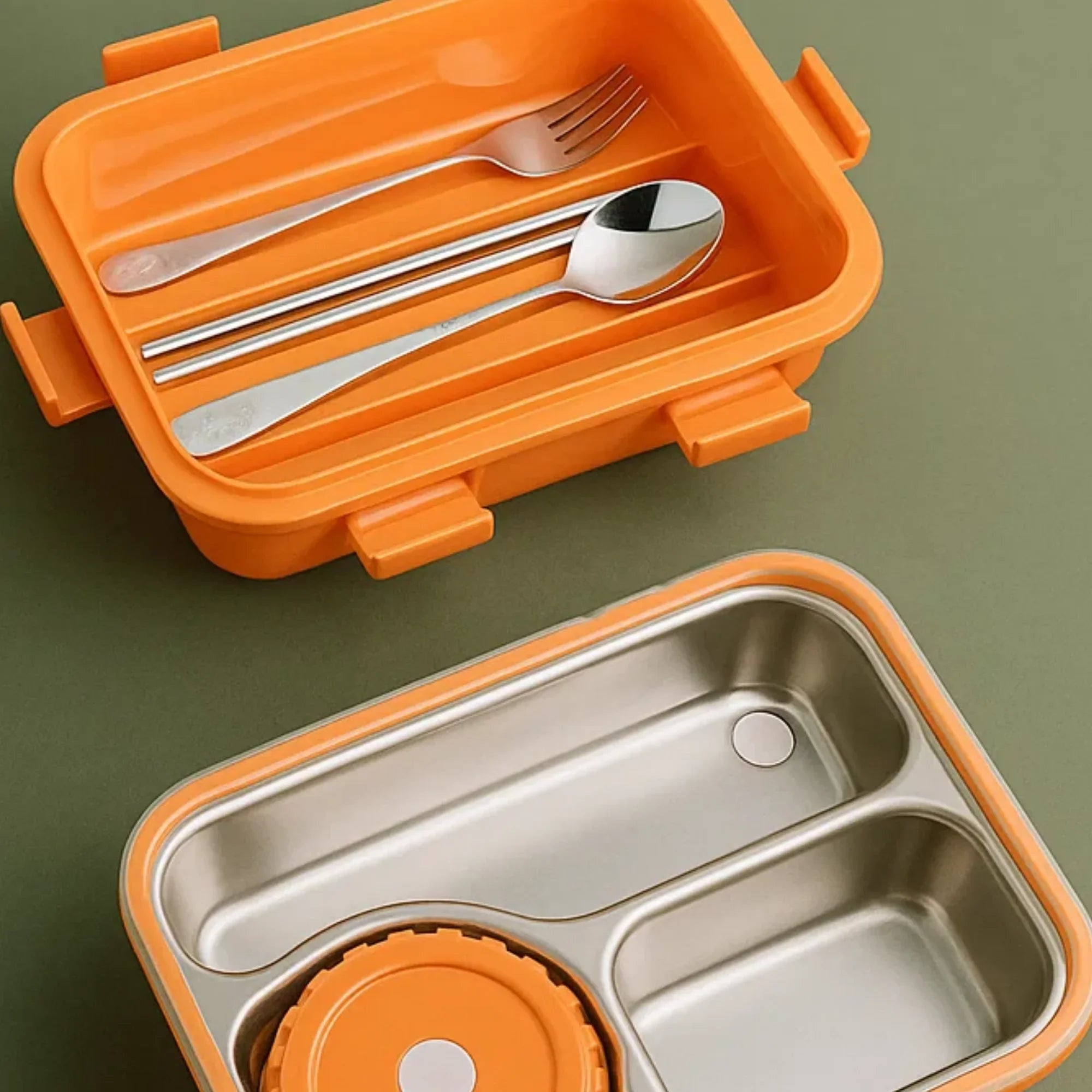 Korean Bento Box 3 Grid with Soup Bowl - Orange