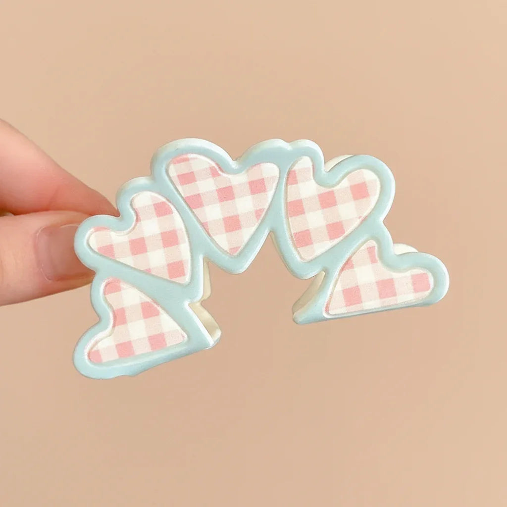 Gingham Hearts With Blue Lining Claw Clip