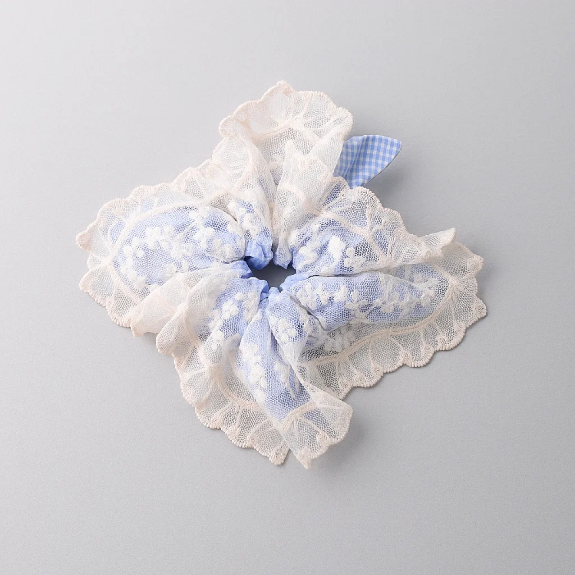 Blue with White Lace Square Scrunchie