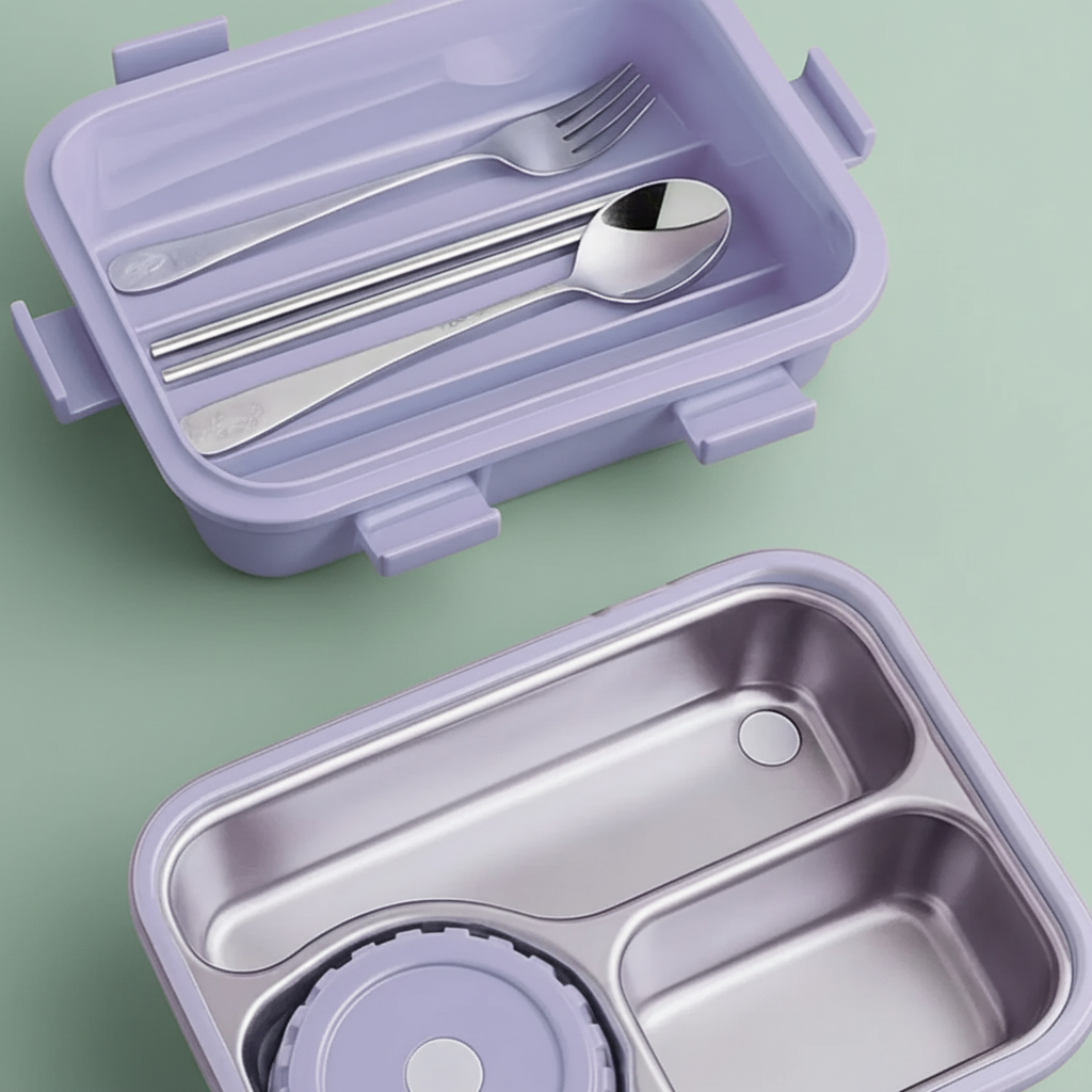 Korean Bento Box 3 Grid with Soup Bowl - Purple